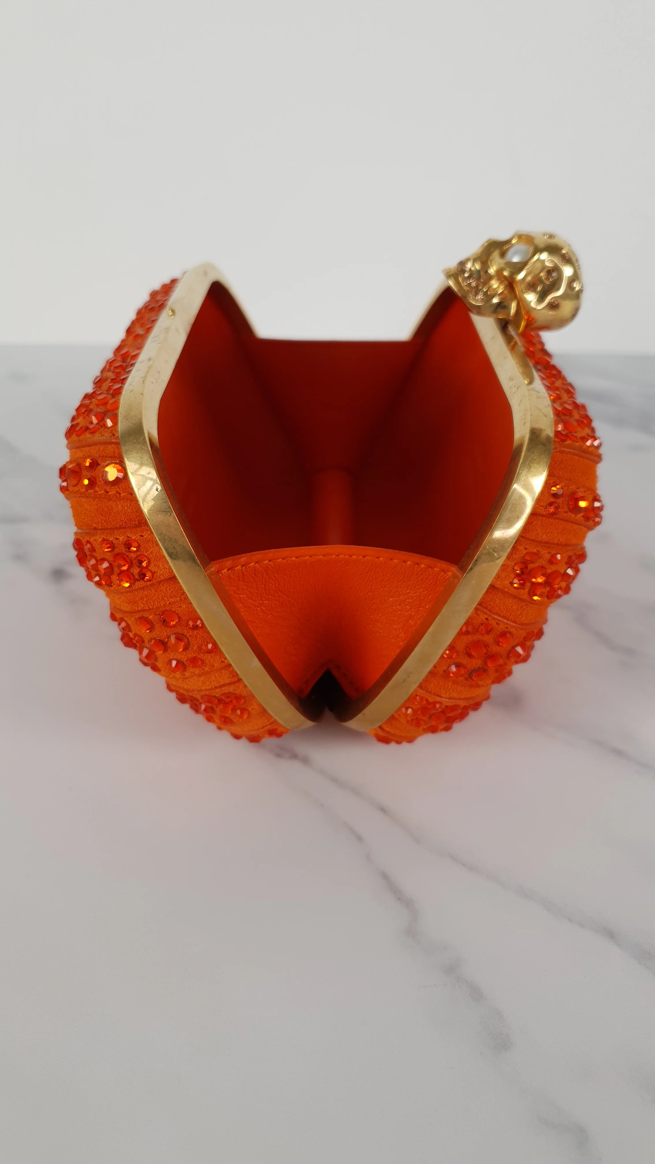 Alexander McQueen Britannia Skull Box Clutch in Orange Suede with Studs and Swarovski Crystals Style 208024 000926 - Image 11