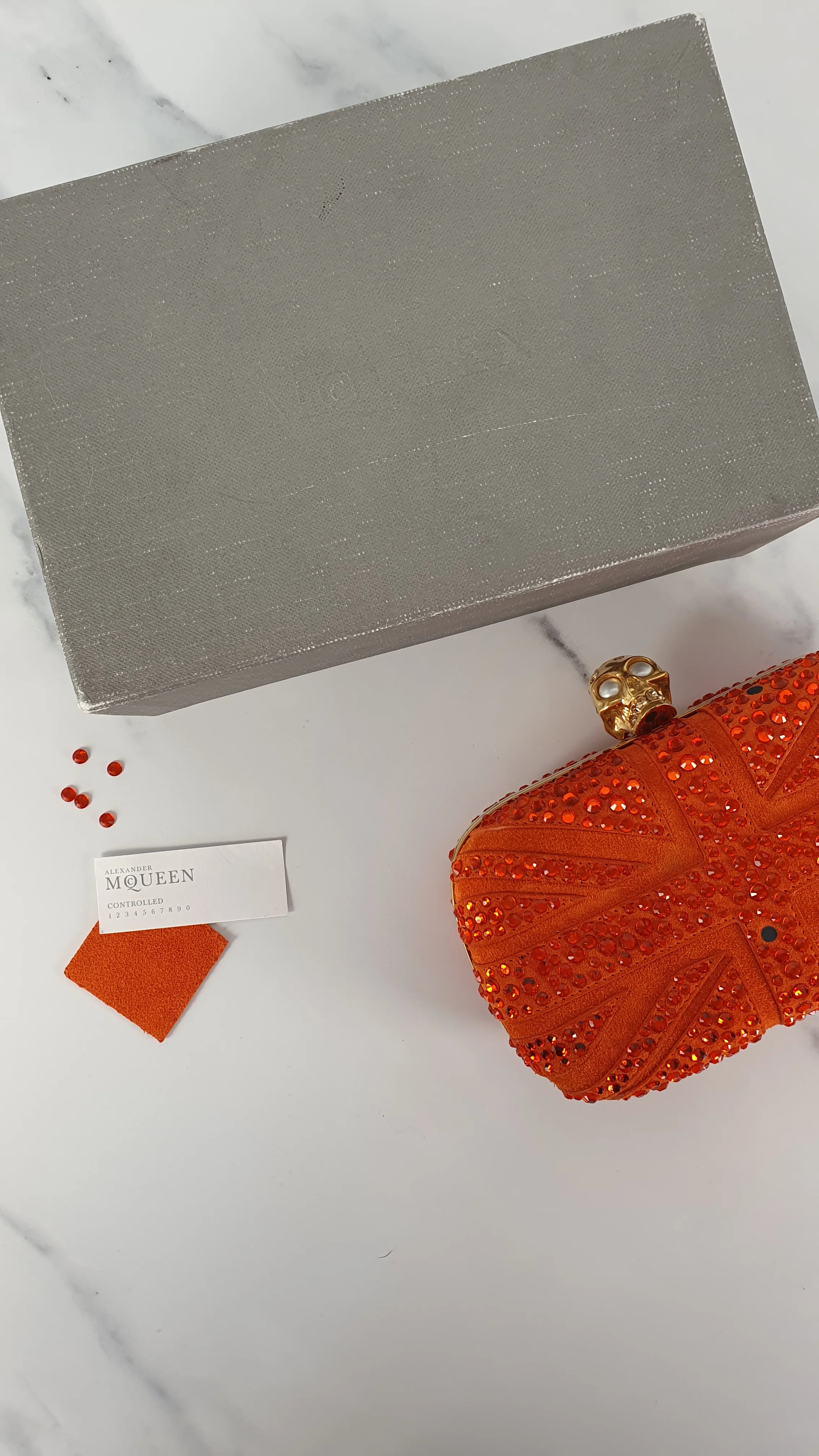 Alexander McQueen Britannia Skull Box Clutch in Orange Suede with Studs and Swarovski Crystals Style 208024 000926 - Image 15