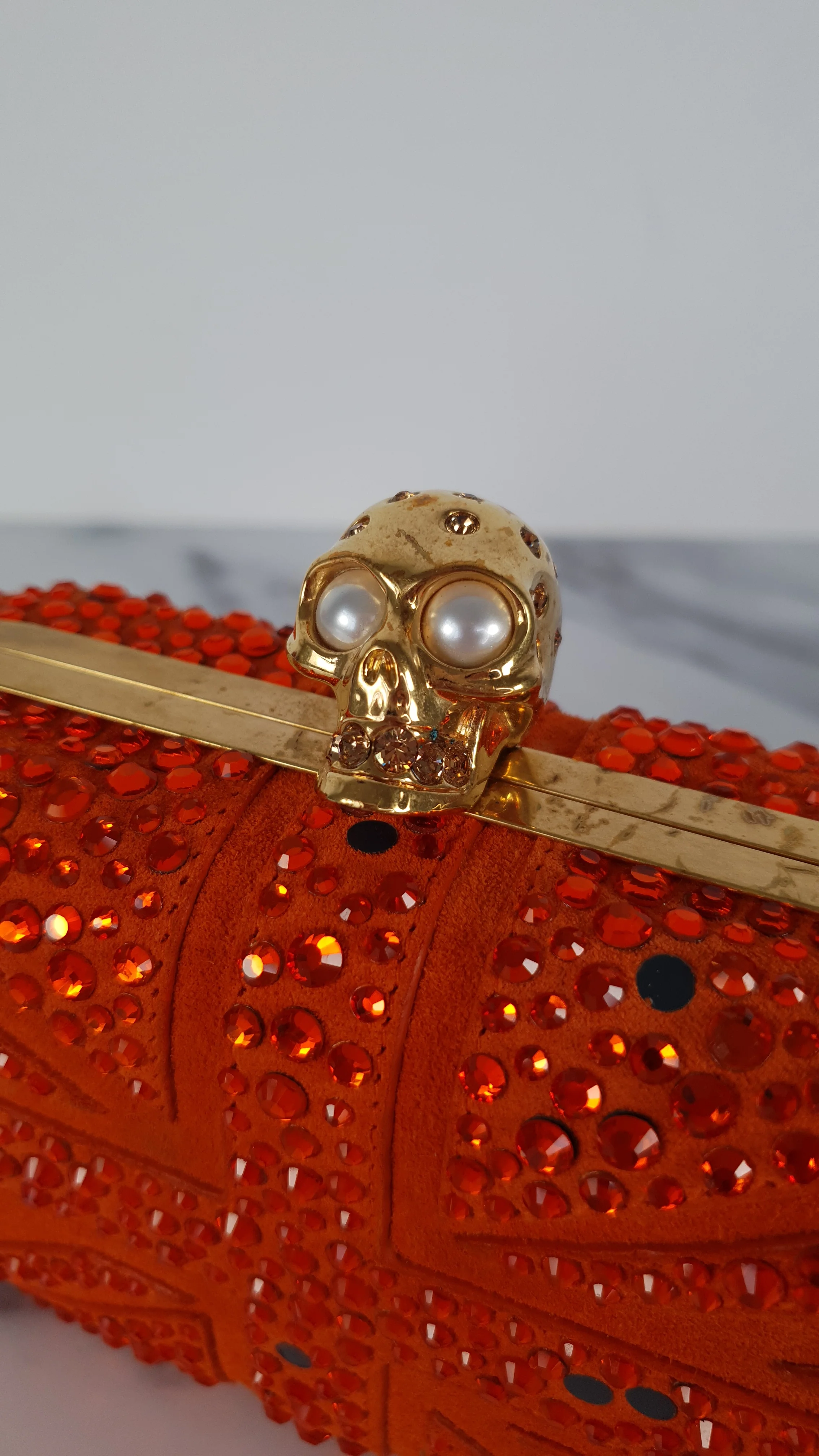 Alexander McQueen Britannia Skull Box Clutch in Orange Suede with Studs and Swarovski Crystals Style 208024 000926 - Image 3