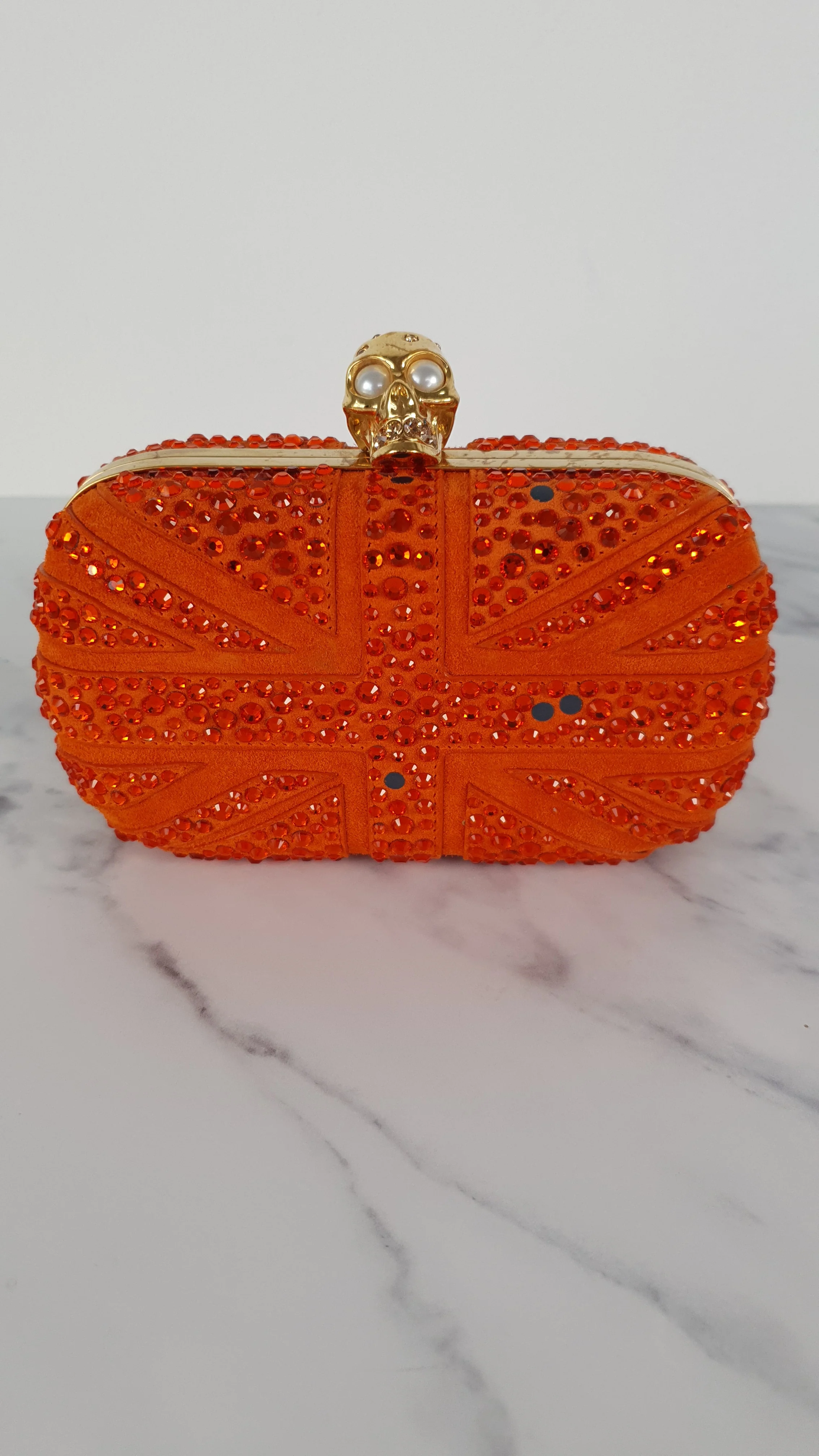 Alexander McQueen Britannia Skull Box Clutch in Orange Suede with Studs and Swarovski Crystals Style 208024 000926 - Image 4