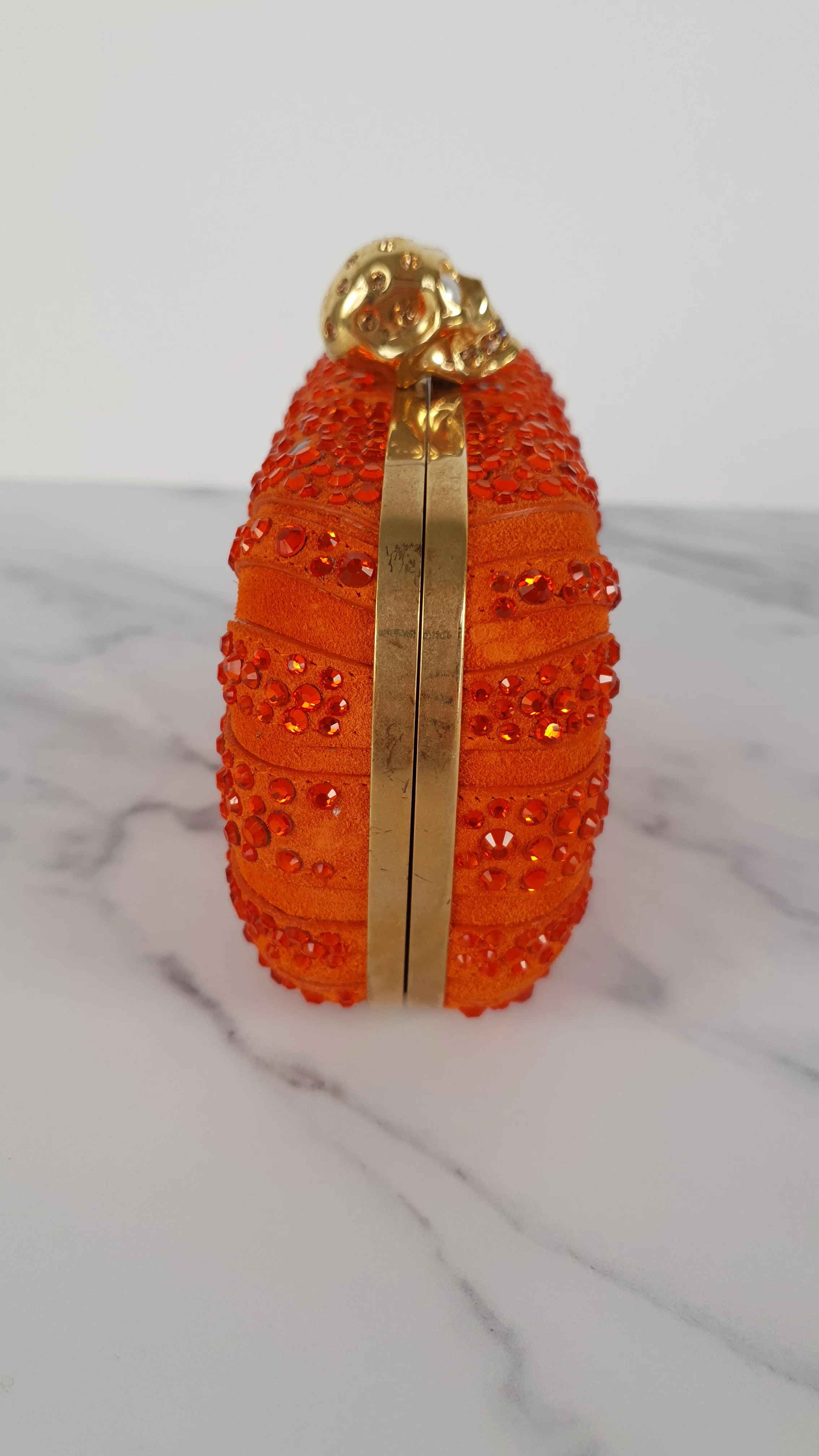 Alexander McQueen Britannia Skull Box Clutch in Orange Suede with Studs and Swarovski Crystals Style 208024 000926 - Image 5