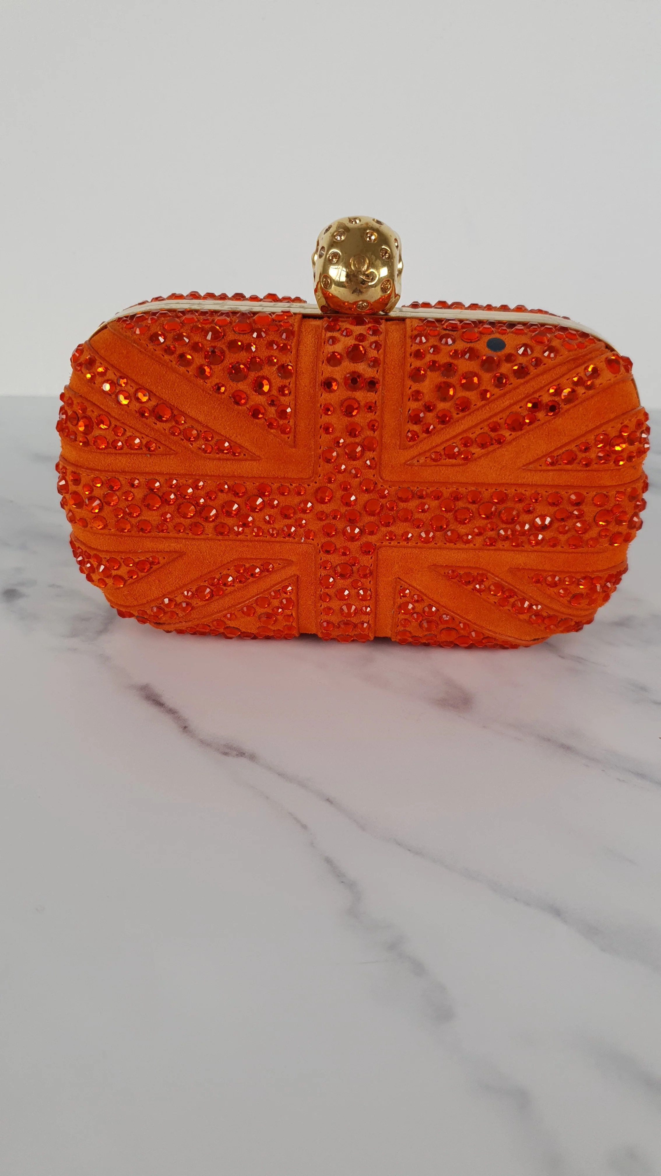 Alexander McQueen Britannia Skull Box Clutch in Orange Suede with Studs and Swarovski Crystals Style 208024 000926 - Image 6