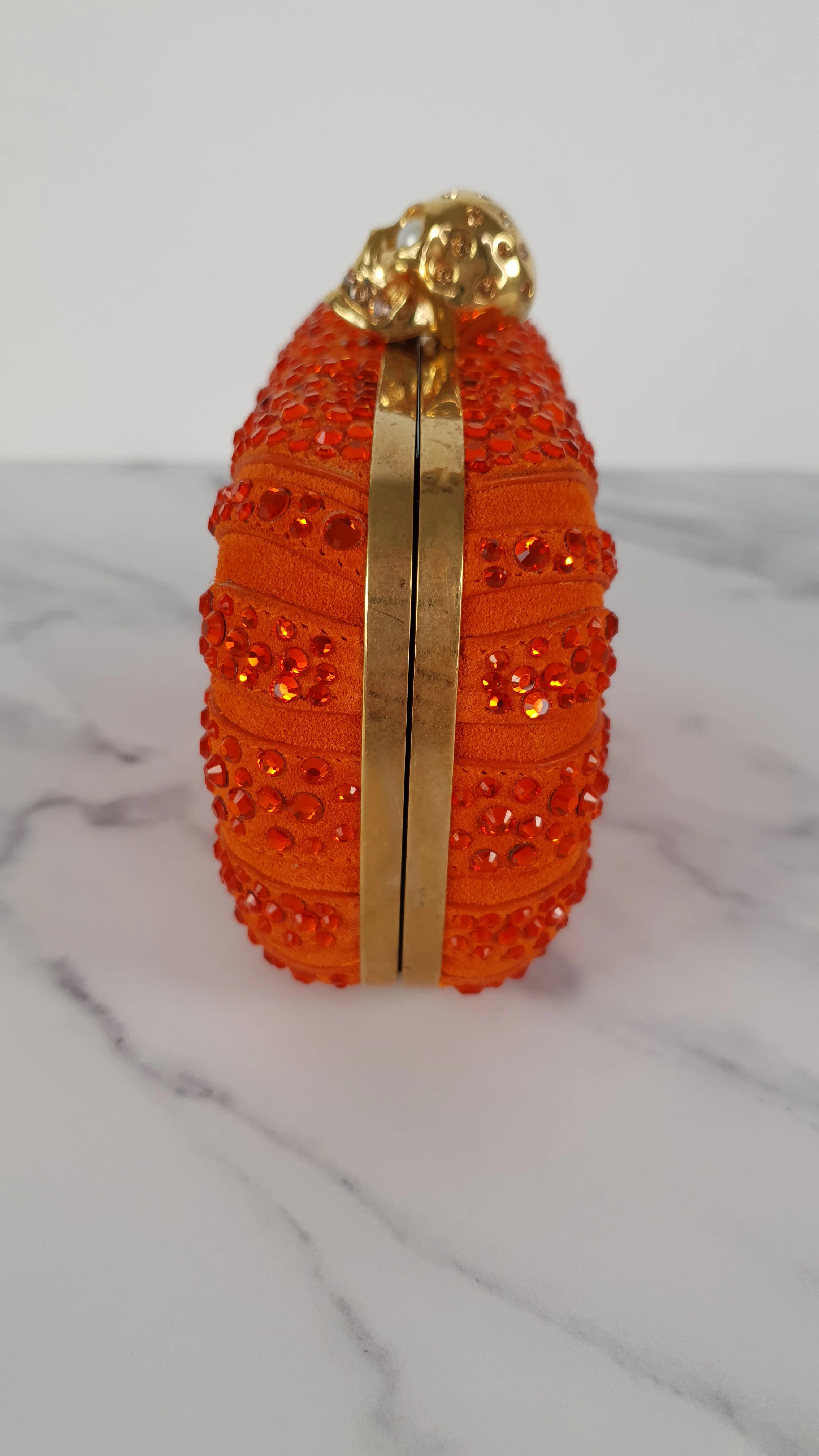 Alexander McQueen Britannia Skull Box Clutch in Orange Suede with Studs and Swarovski Crystals Style 208024 000926 - Image 7