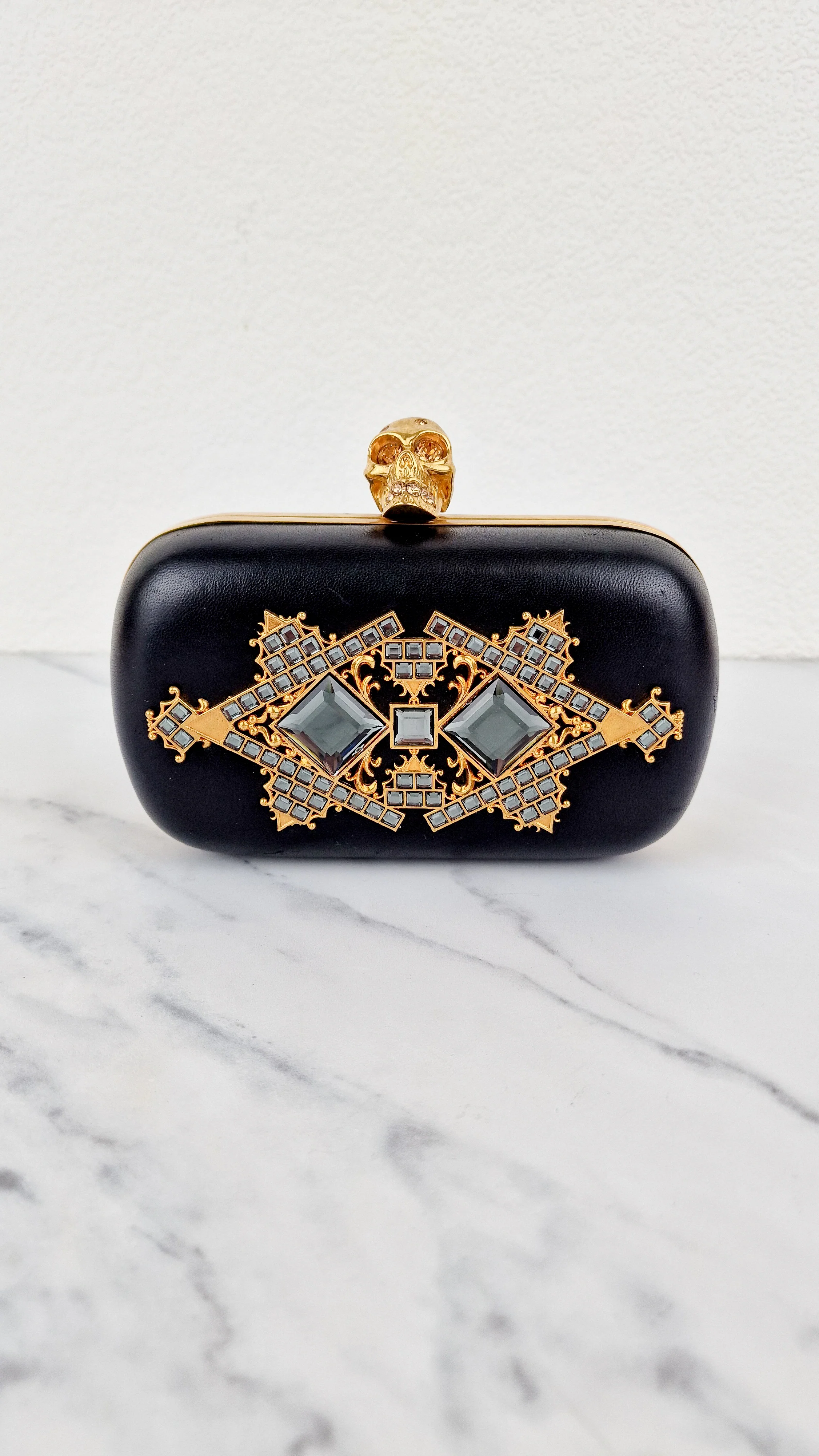Alexander McQueen Skull Box Clutch Black Leather and Swarovski Crystals Gold Hardware