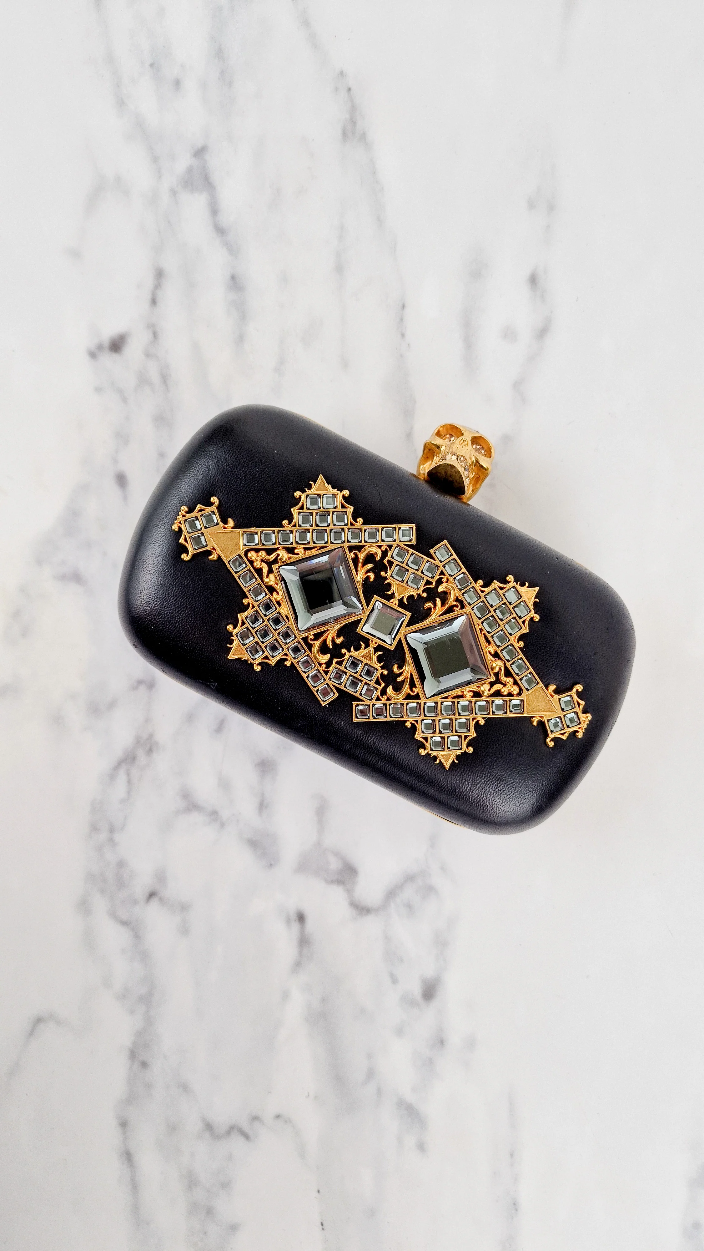 Alexander McQueen Skull Box Clutch Black Leather and Swarovski Crystals Gold Hardware - Image 10
