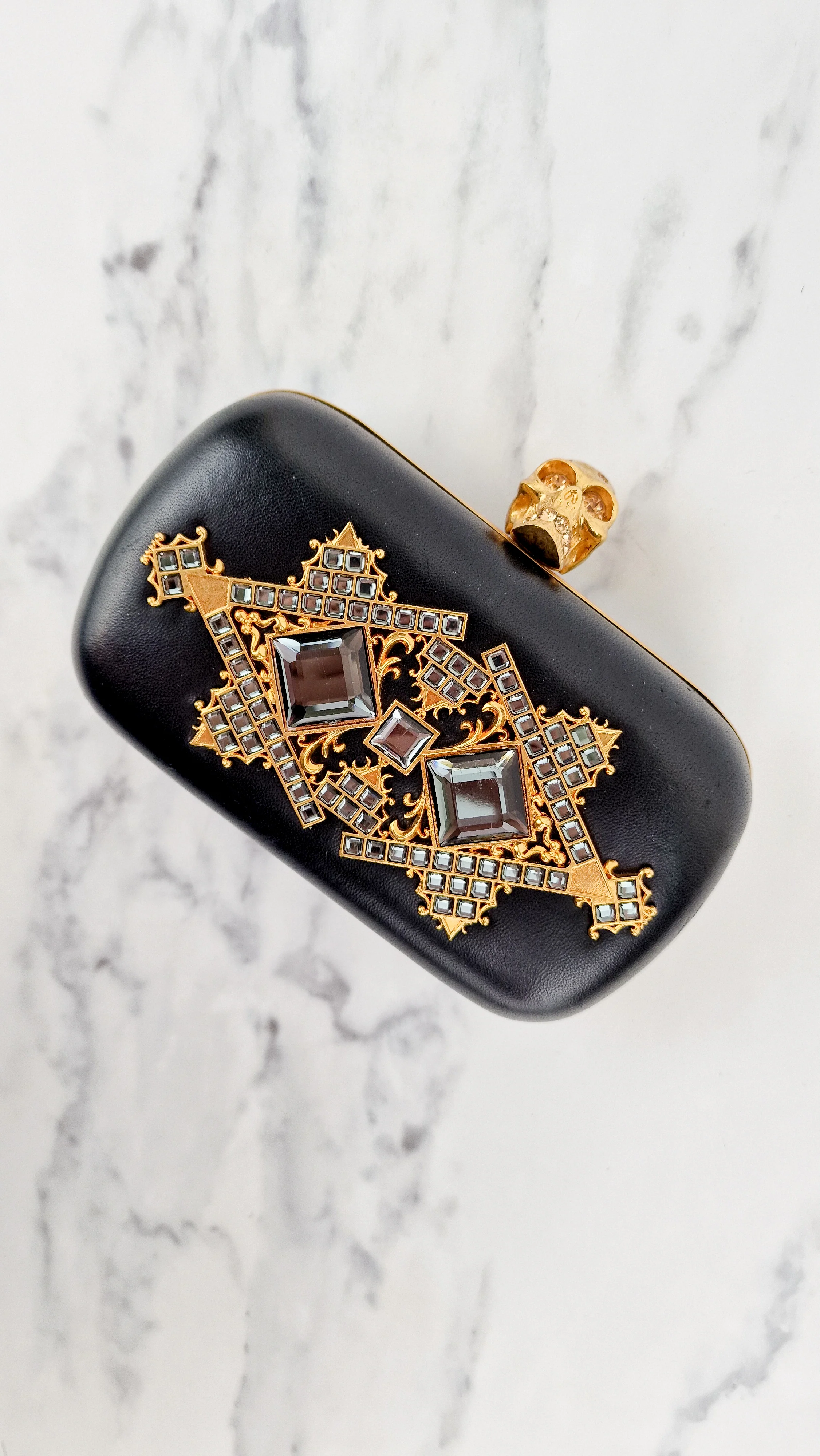 Alexander McQueen Skull Box Clutch Black Leather and Swarovski Crystals Gold Hardware - Image 11
