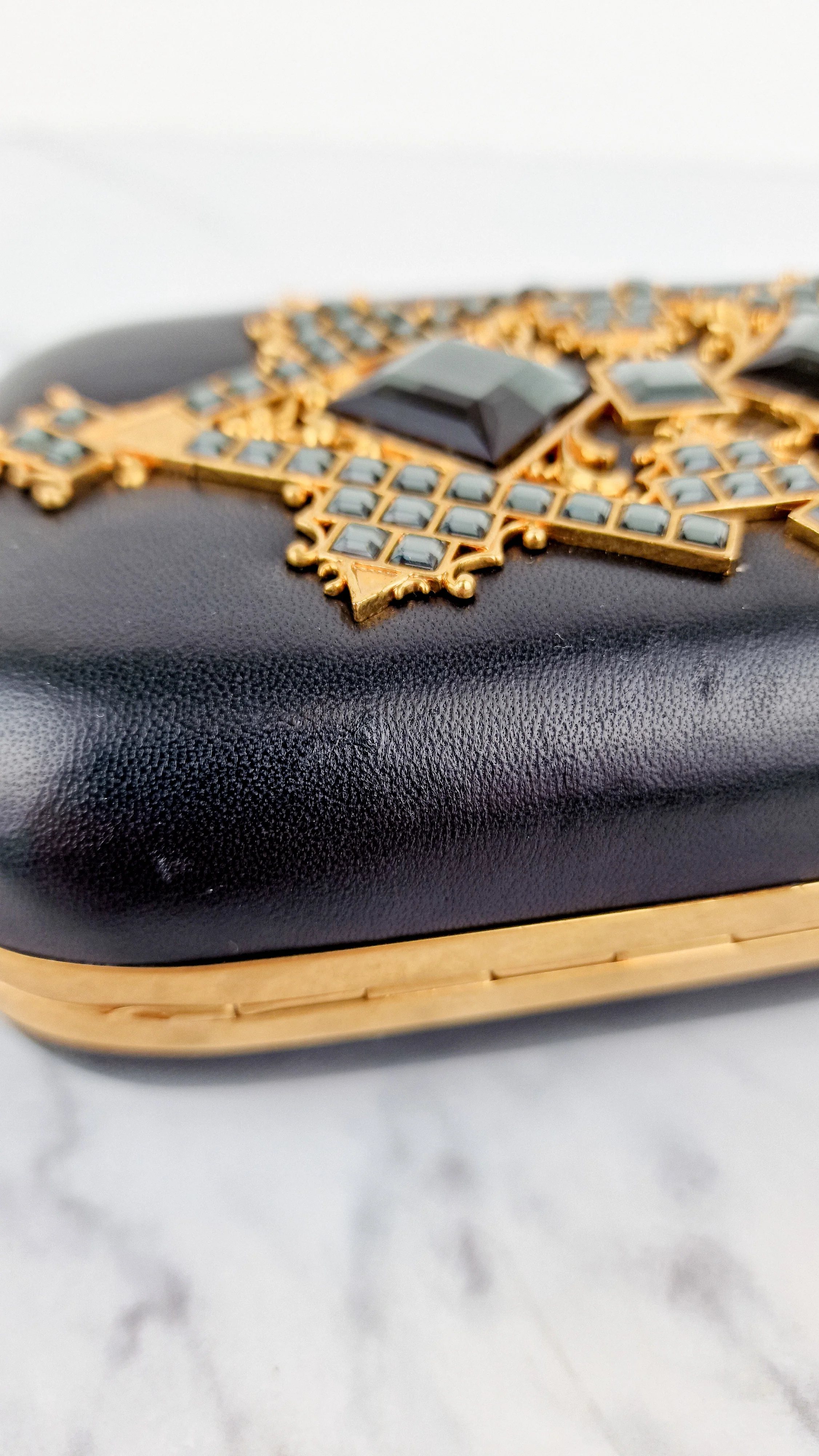 Alexander McQueen Skull Box Clutch Black Leather and Swarovski Crystals Gold Hardware - Image 12
