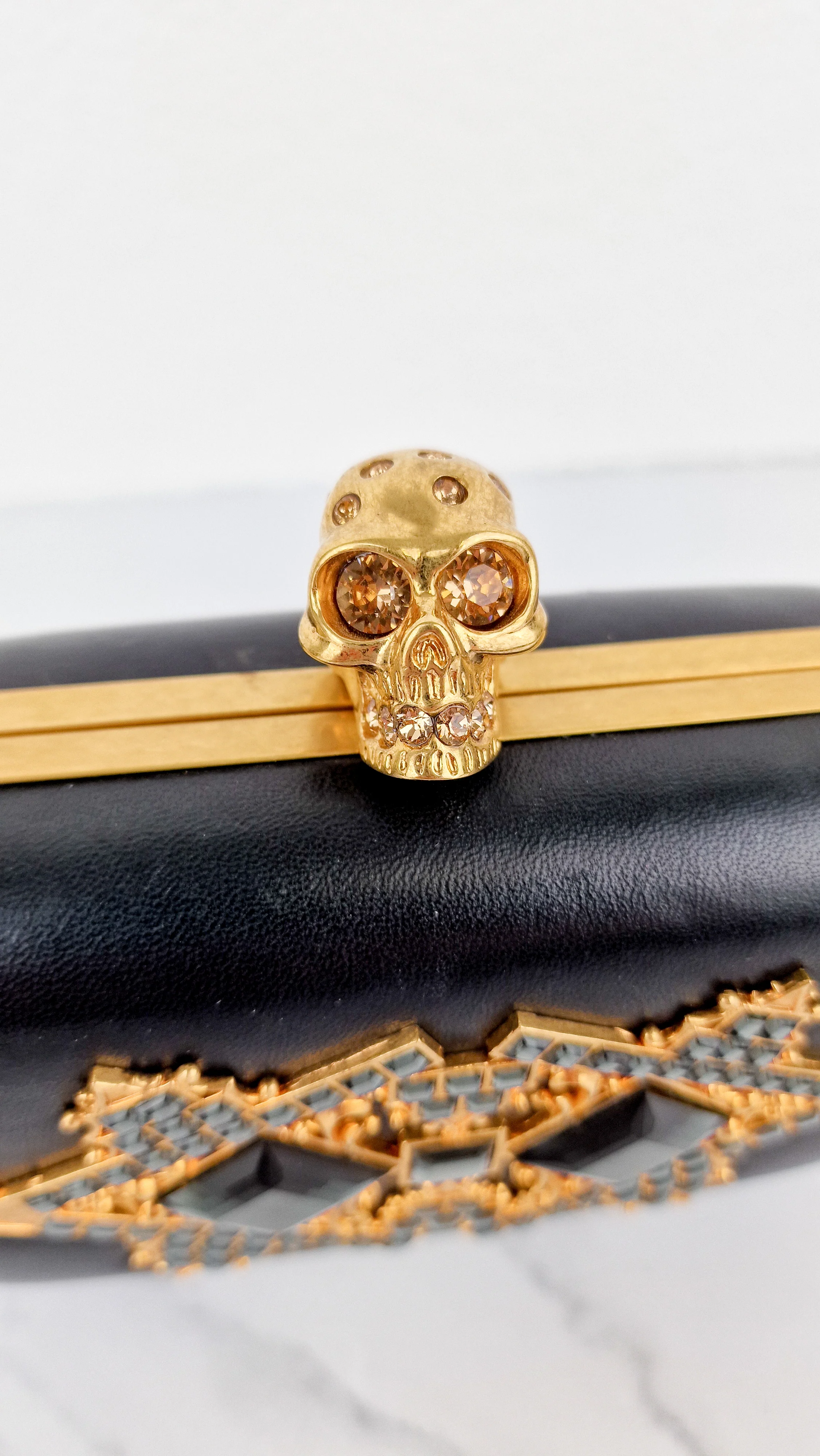 Alexander McQueen Skull Box Clutch Black Leather and Swarovski Crystals Gold Hardware - Image 13