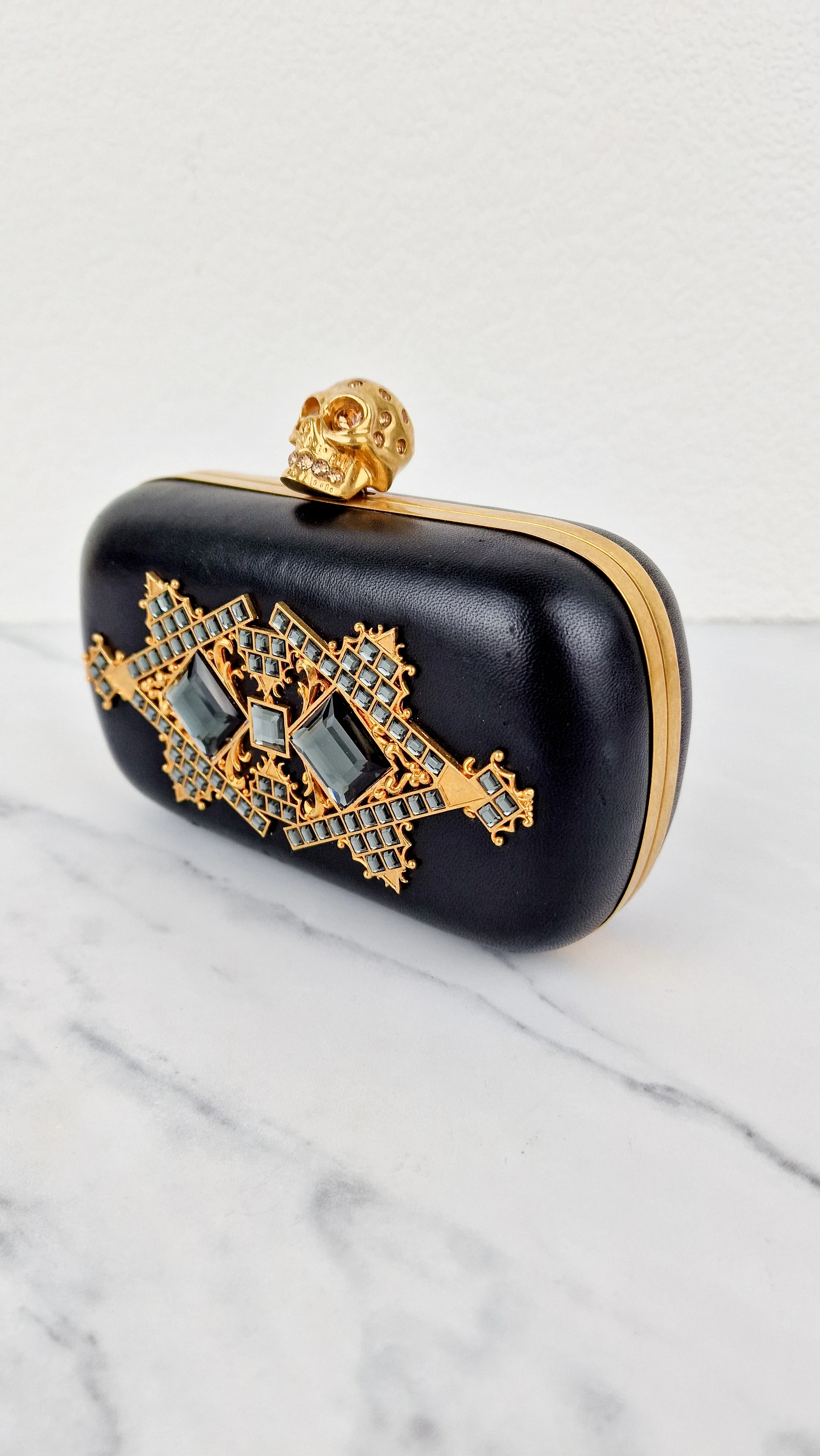 Alexander McQueen Skull Box Clutch Black Leather and Swarovski Crystals Gold Hardware - Image 14