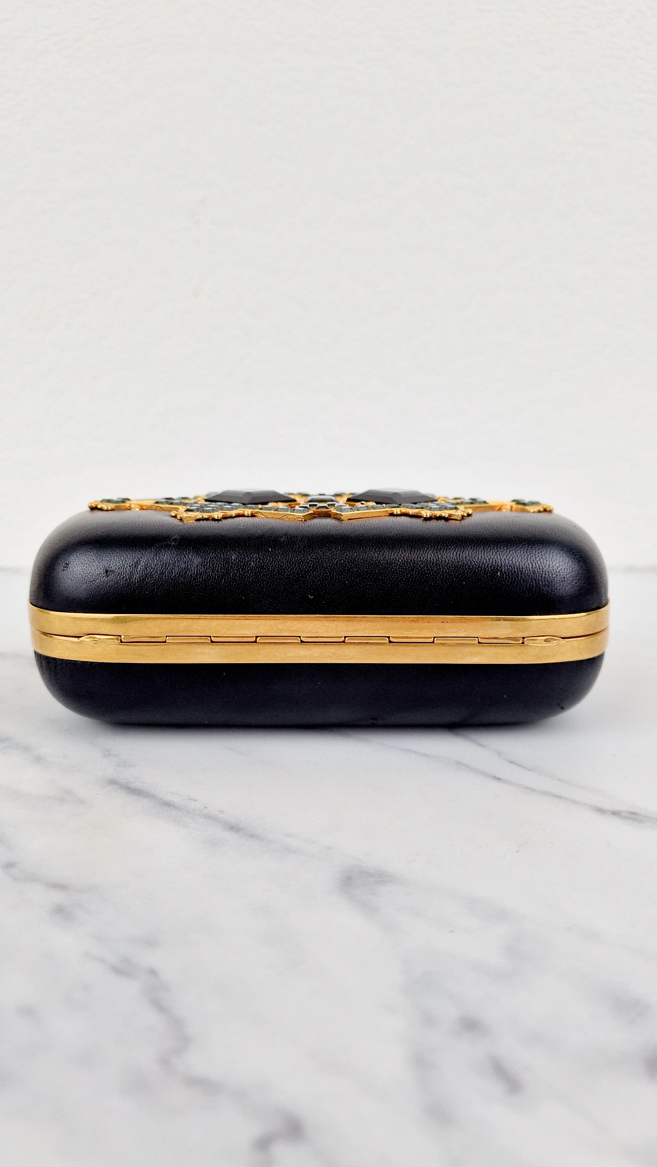 Alexander McQueen Skull Box Clutch Black Leather and Swarovski Crystals Gold Hardware - Image 18