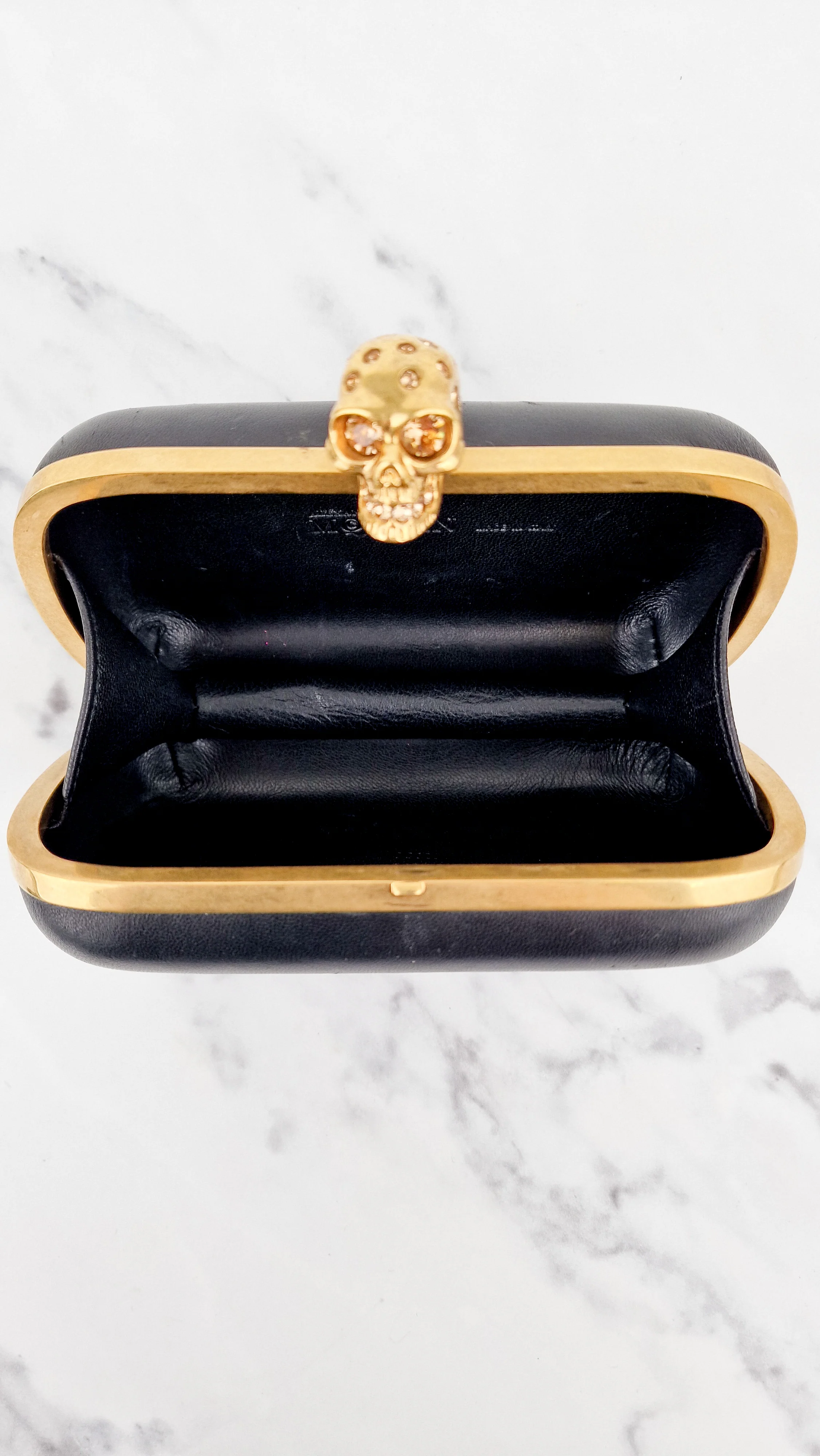 Alexander McQueen Skull Box Clutch Black Leather and Swarovski Crystals Gold Hardware - Image 6