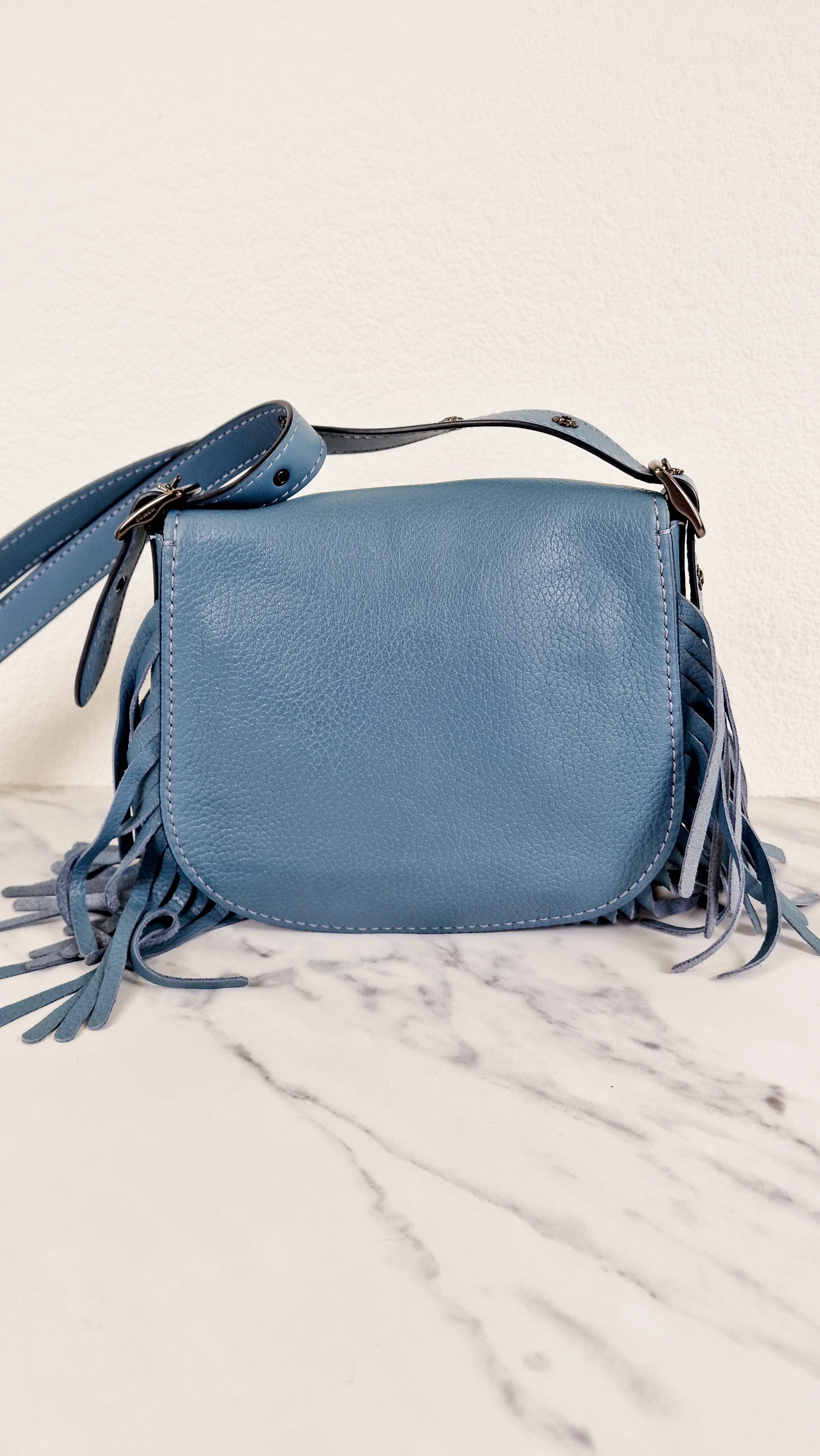 Coach 1941 Saddle 23 with Fringe in Blue Pebbled Leather with Tea Rose Detail - Crossbody Flap Bag - Coach 29240 - Image 3