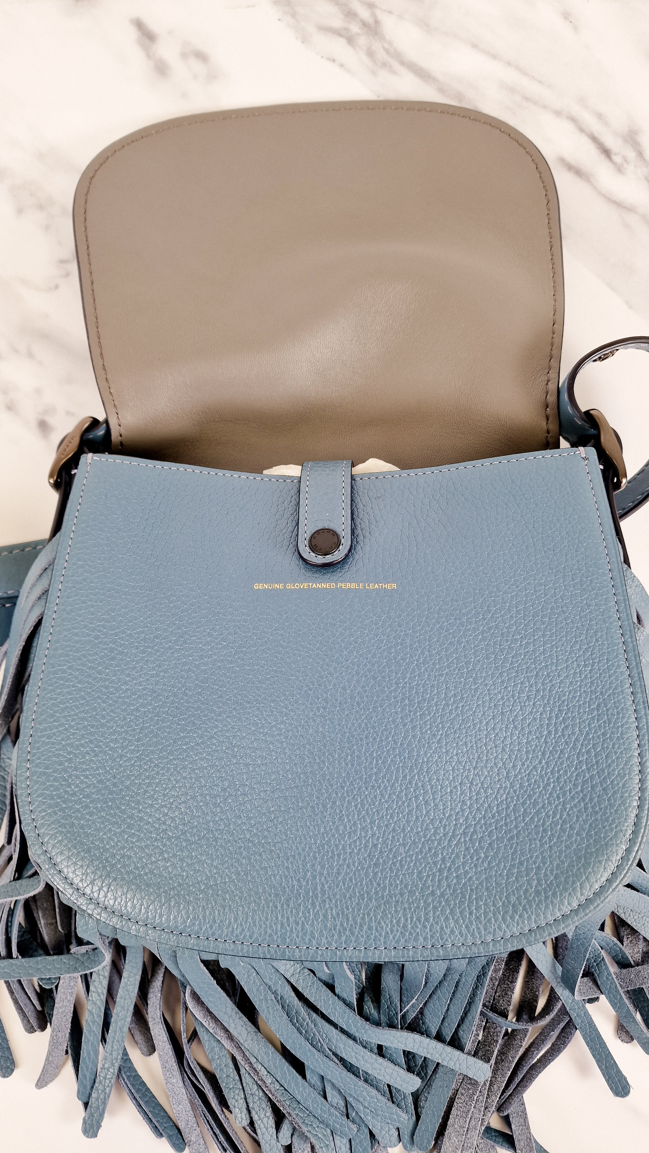 Coach 1941 Saddle 23 with Fringe in Blue Pebbled Leather with Tea Rose Detail - Crossbody Flap Bag - Coach 29240 - Image 8