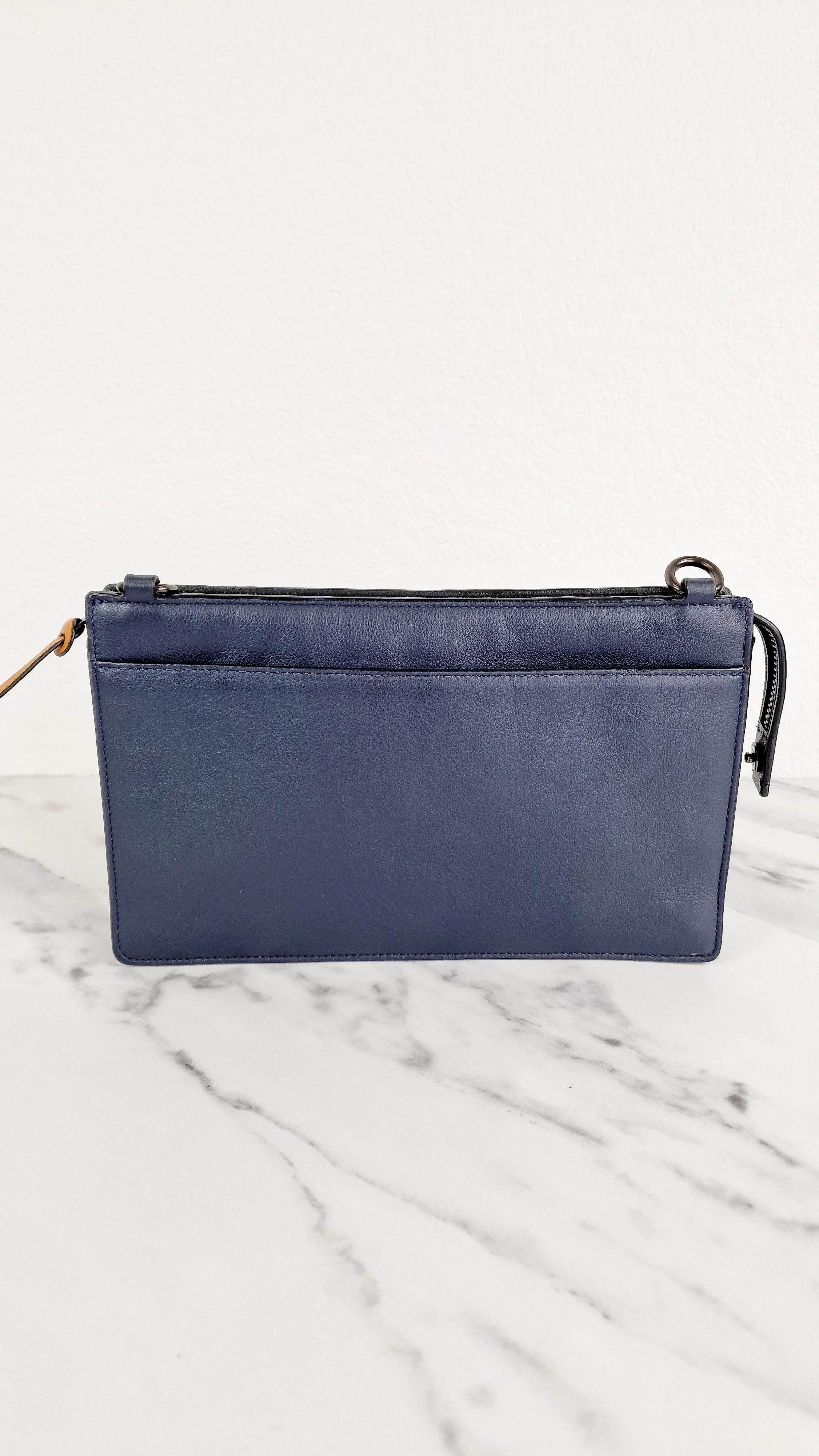 Coach Rivington Convetible Pouch Clutch in Navy Blue Smooth Leather with Yellow Details - Coach 68232 - Image 5