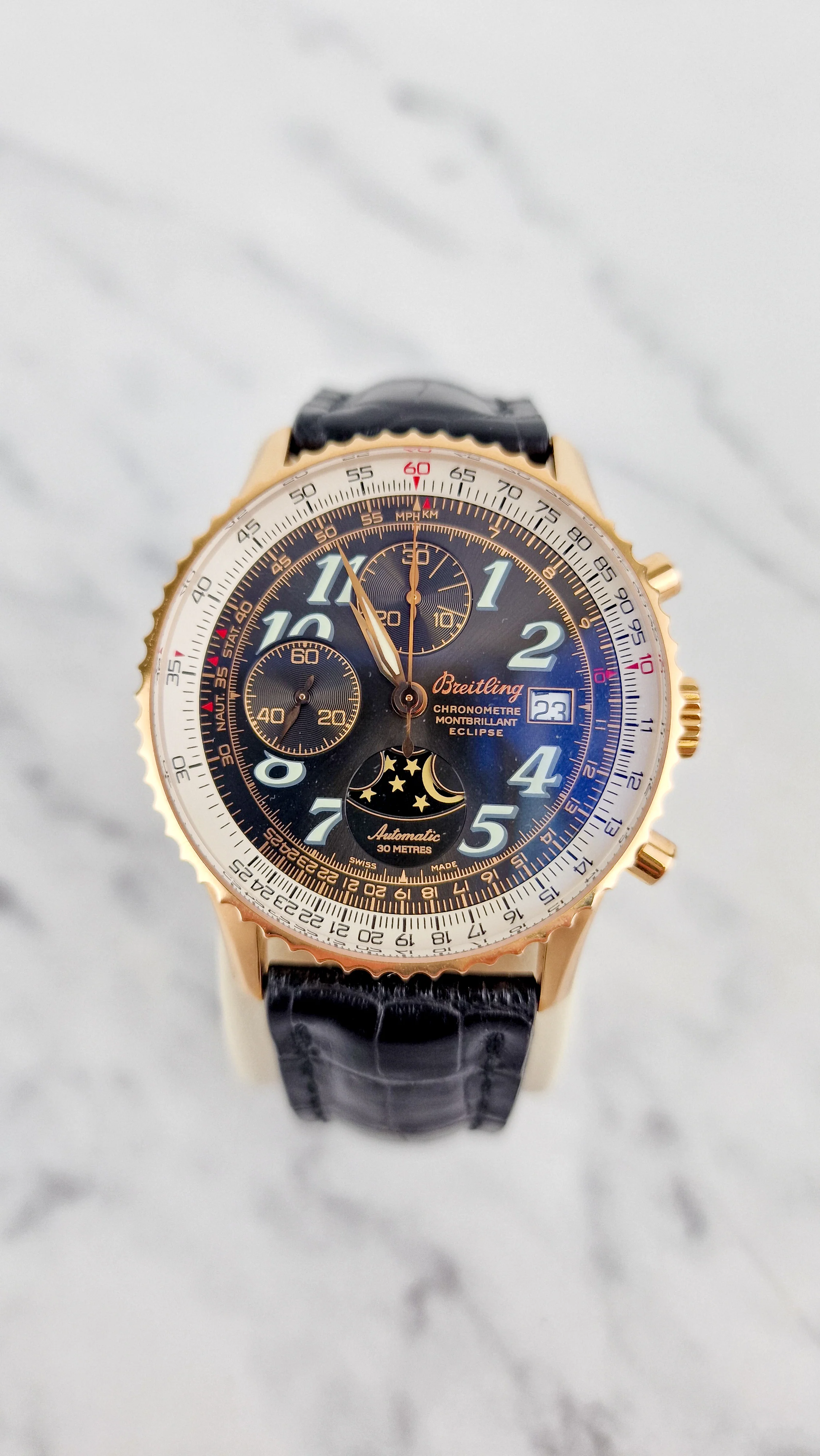 Breitling Eclipse Montbrillant 18K Yellow Rose Gold Watch Moonphase Chronograph Full Set Box & PapersH43330 - Image 11