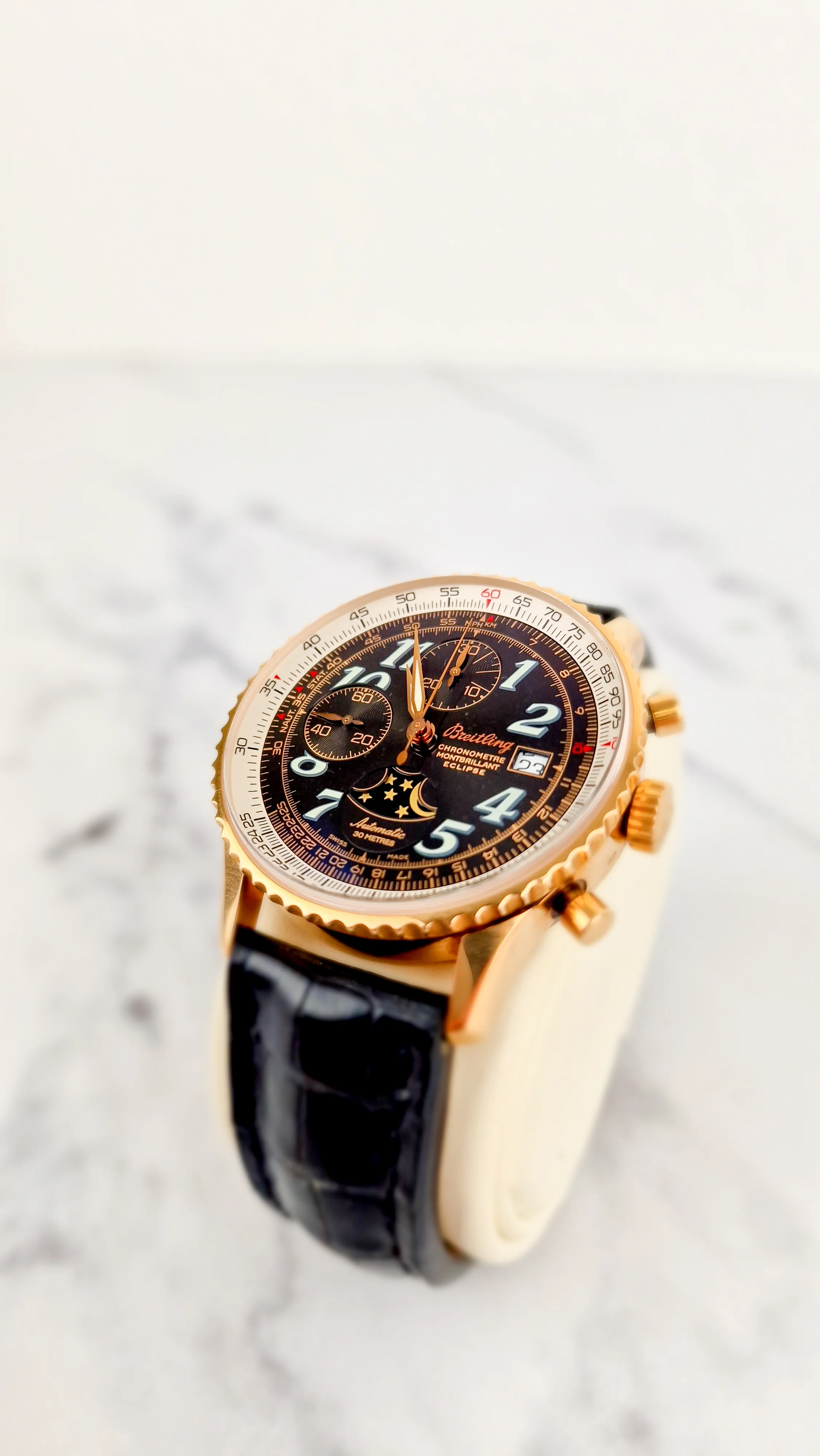 Breitling Eclipse Montbrillant 18K Yellow Rose Gold Watch Moonphase Chronograph Full Set Box & PapersH43330 - Image 12