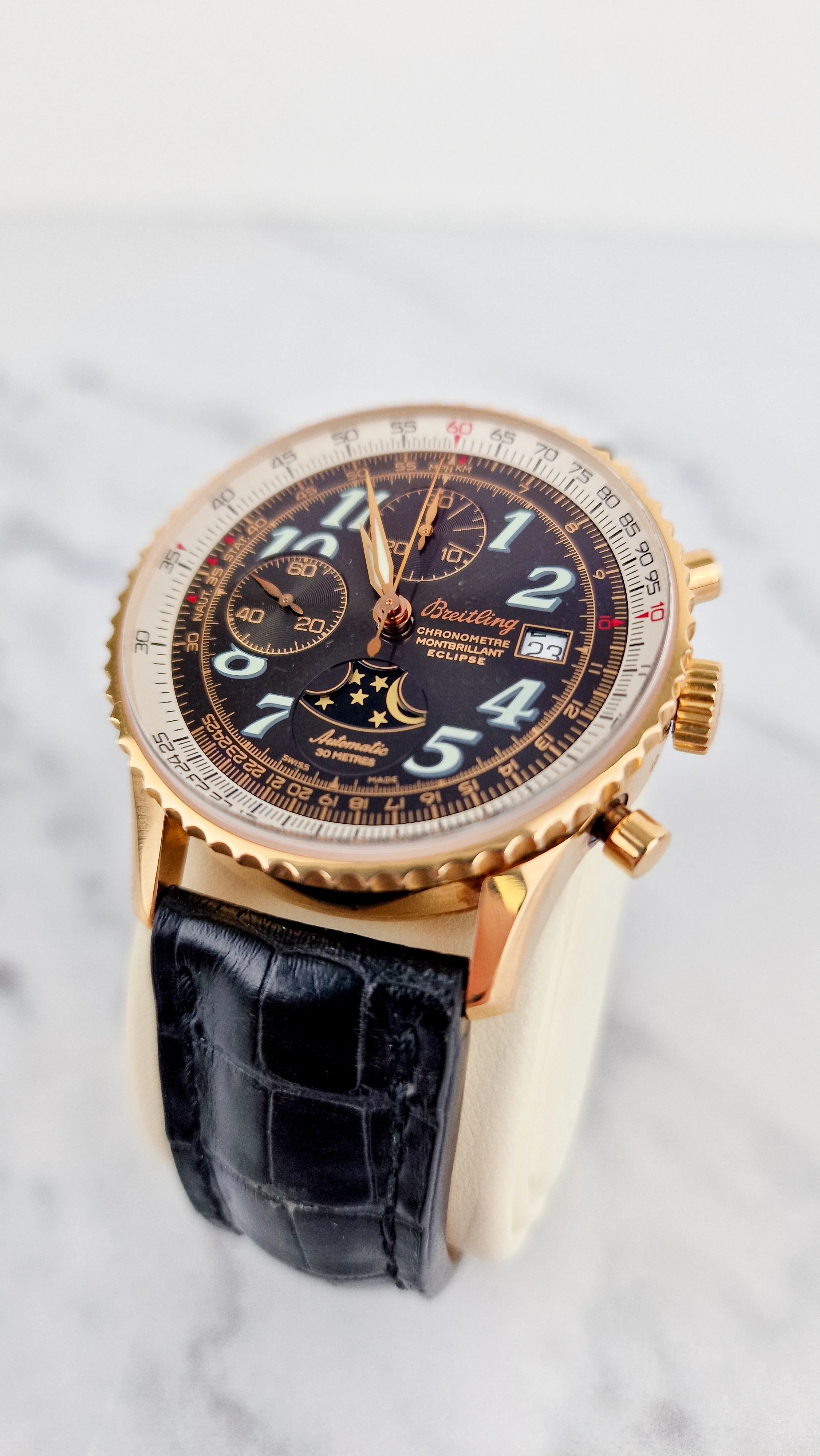 Breitling Eclipse Montbrillant 18K Yellow Rose Gold Watch Moonphase Chronograph Full Set Box & PapersH43330 - Image 13