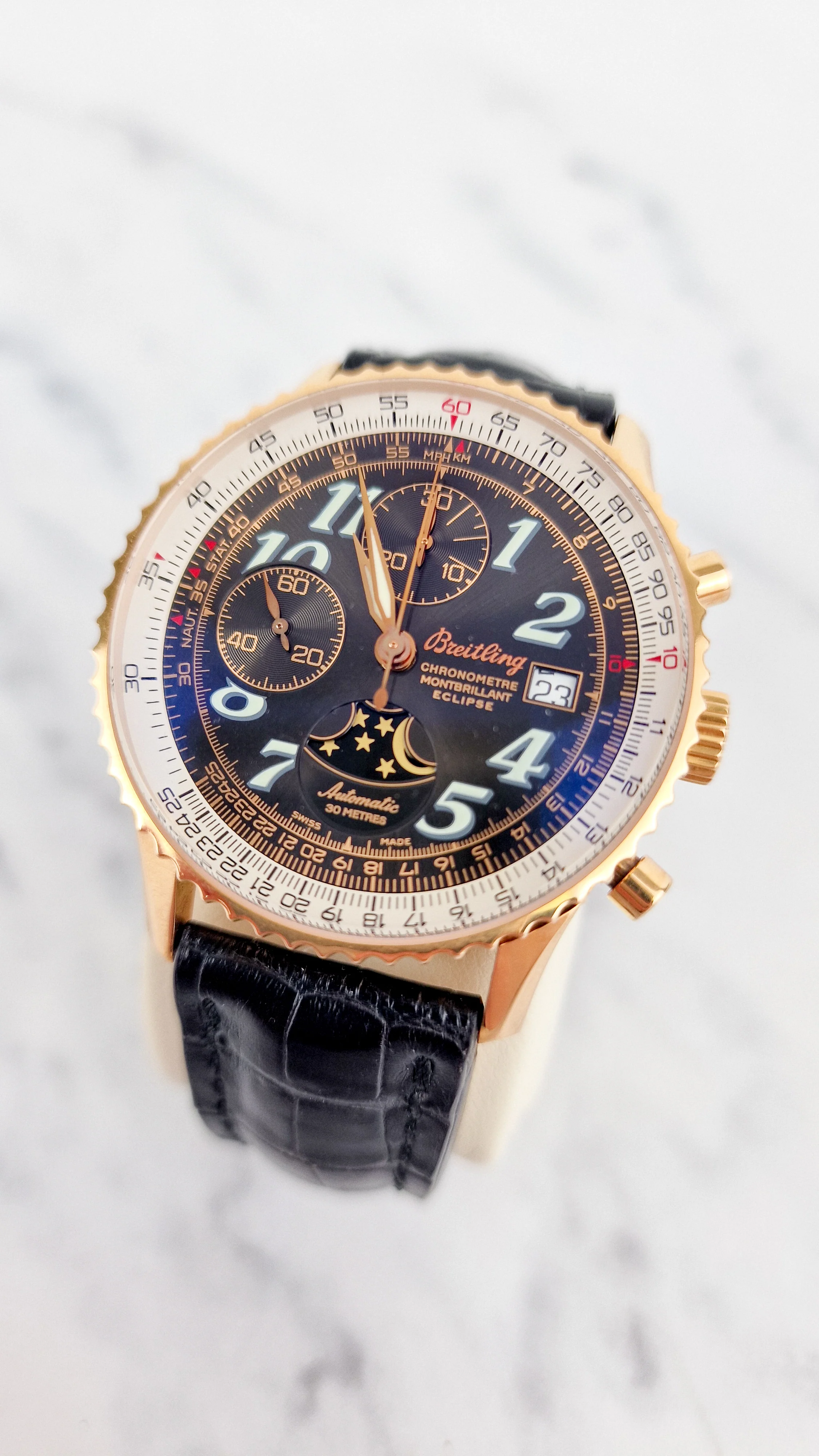 Breitling Eclipse Montbrillant 18K Yellow Rose Gold Watch Moonphase Chronograph Full Set Box & PapersH43330 - Image 14