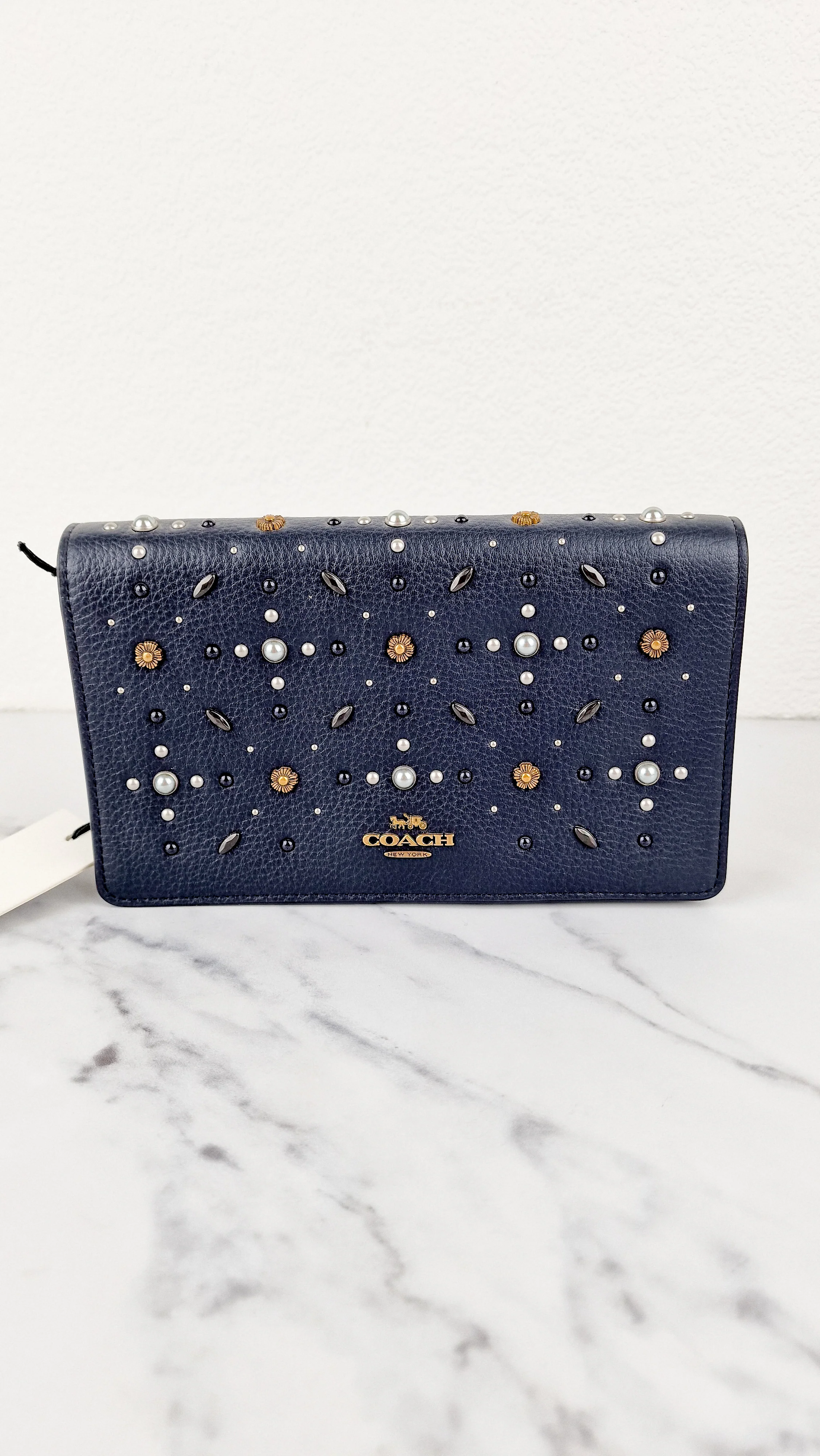 Callie Foldover Clutch With Prairie Rivets Midnight Navy Blue - Coach 31731