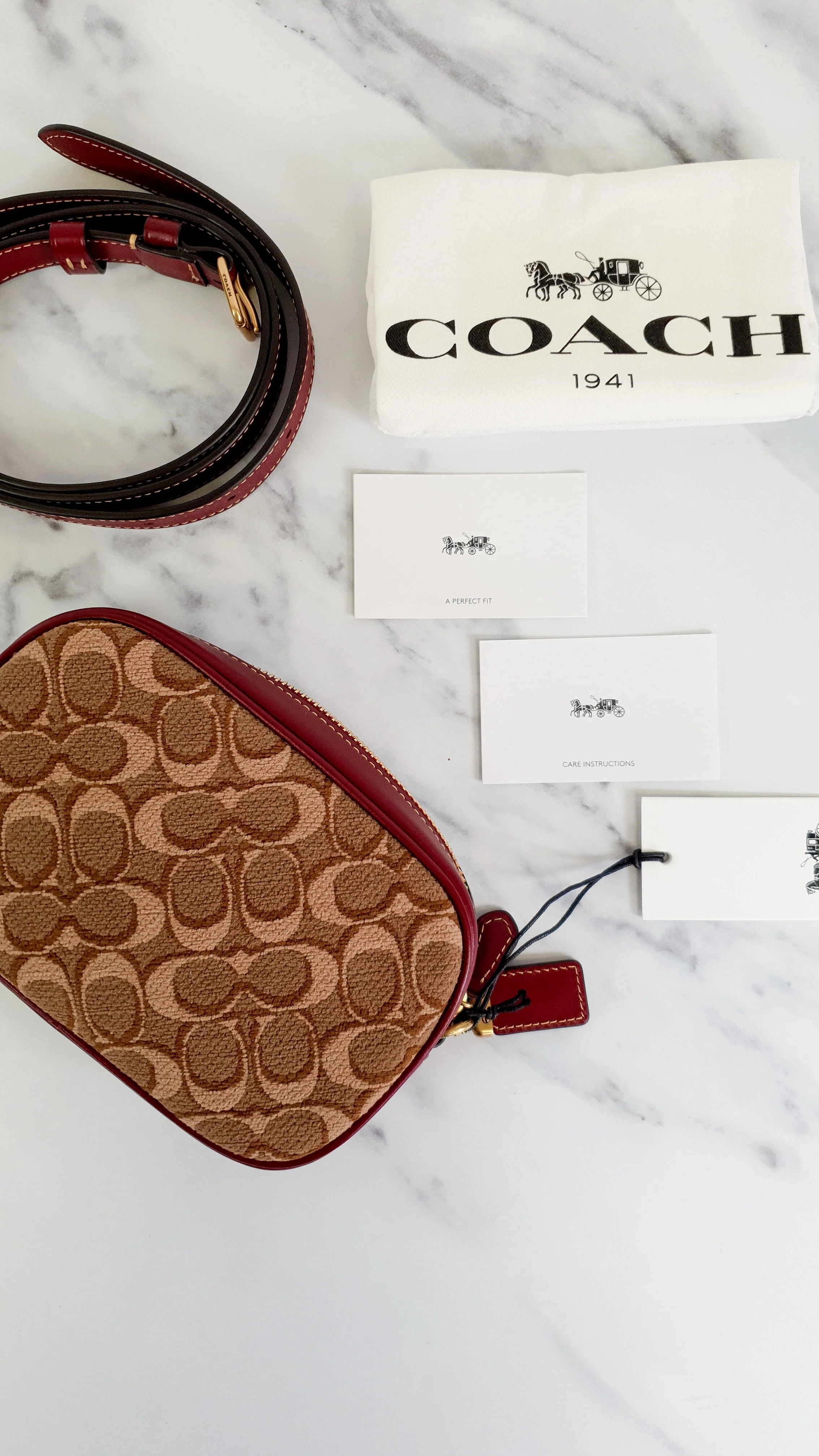 Coach 1941 Belt Bag Camera Bag in Tan Signature & Scarlett Burgundy Smooth Leather - Coach 50728 - Image 12