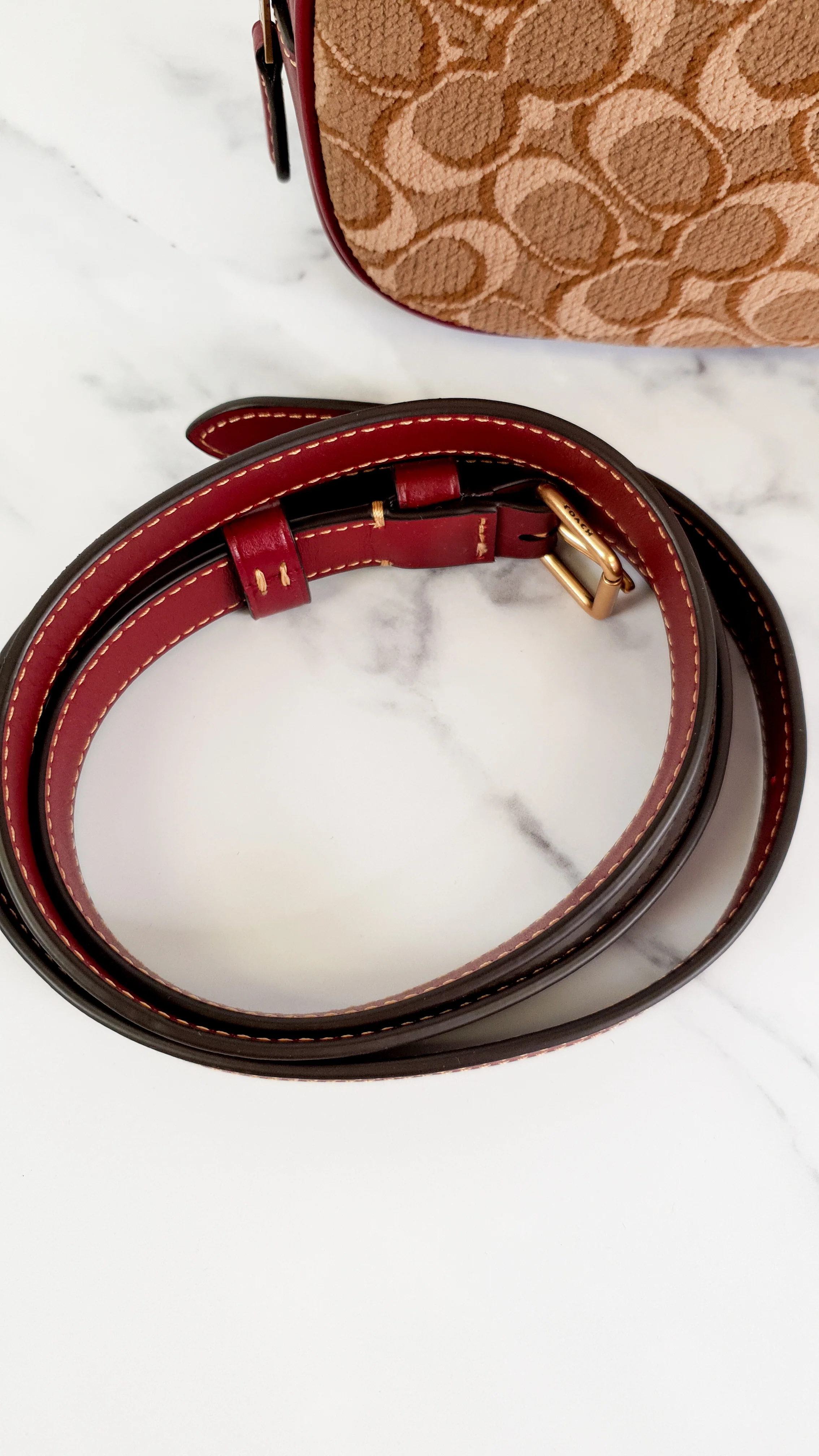 Coach 1941 Belt Bag Camera Bag in Tan Signature & Scarlett Burgundy Smooth Leather - Coach 50728 - Image 2