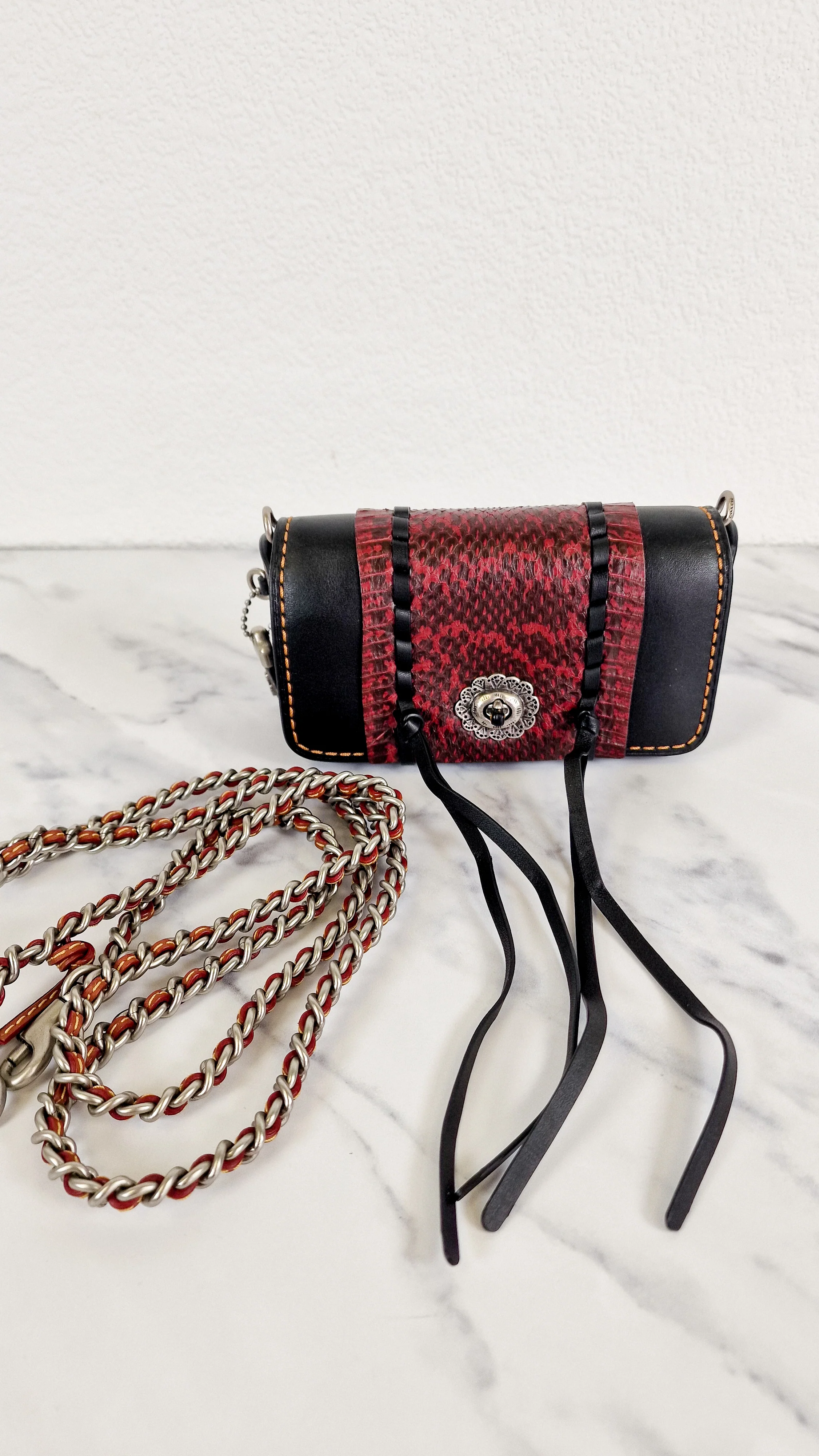 Coach 1941 Dinkier with Whipstitch Snake Trim in Black Smooth Leather With Dark Red Burgundy Snakeskin - Crossbody Bag Clutch Mini Dinky - Coach 86819 - Image 12