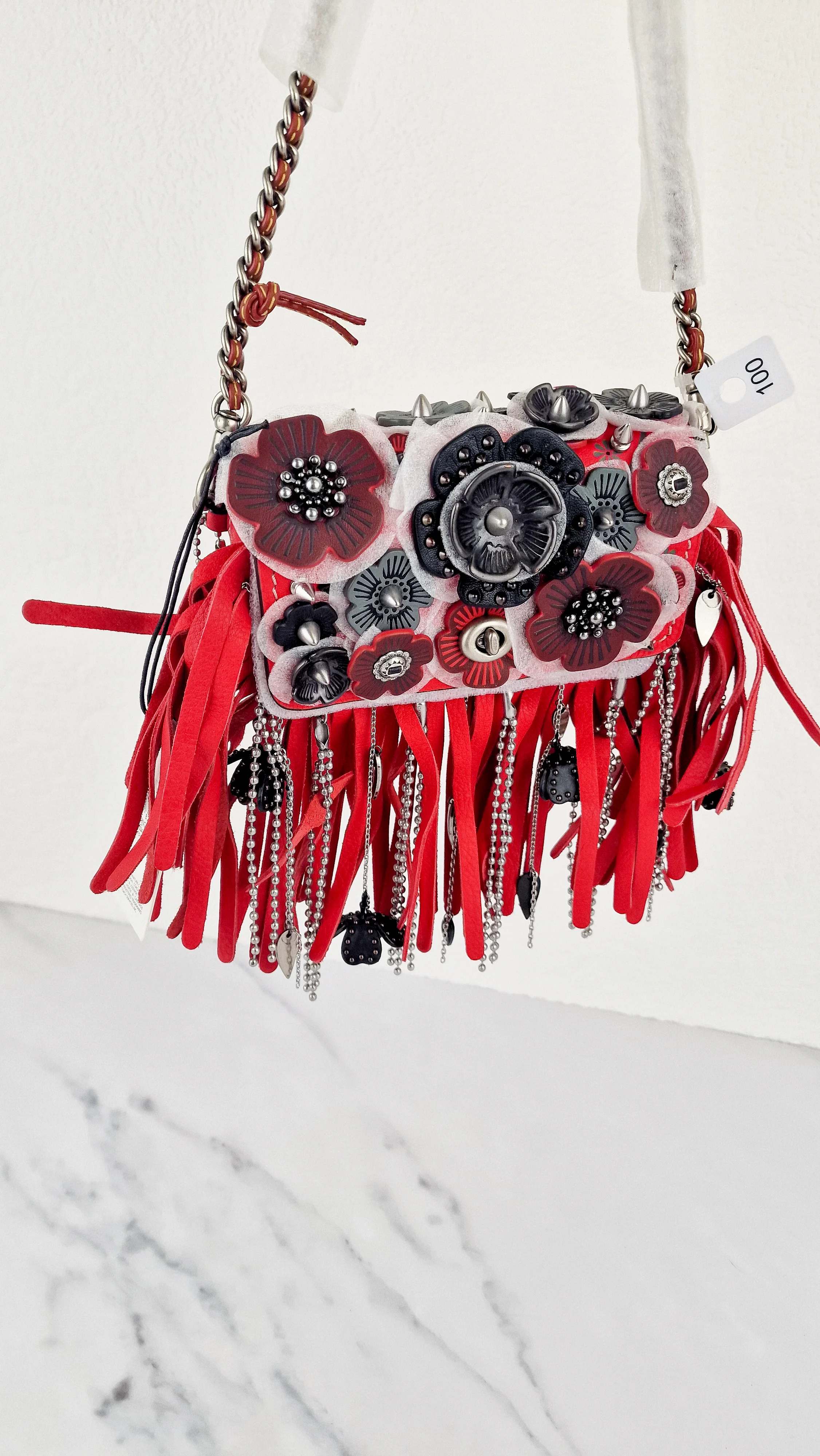 Coach 1941 Dinkier in Vermillion Red with Wild Tea Roses Studs & Fringes - Crossbody Bag Clutch Mini Dinky - Coach 86852 - Image 2