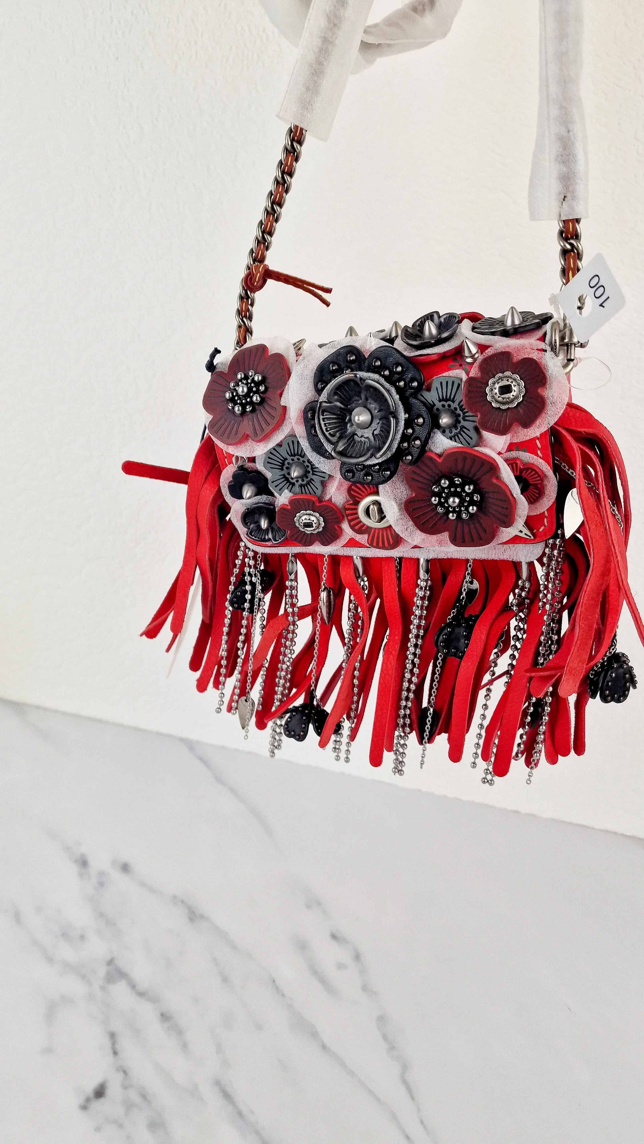 Coach 1941 Dinkier in Vermillion Red with Wild Tea Roses Studs & Fringes - Crossbody Bag Clutch Mini Dinky - Coach 86852 - Image 3