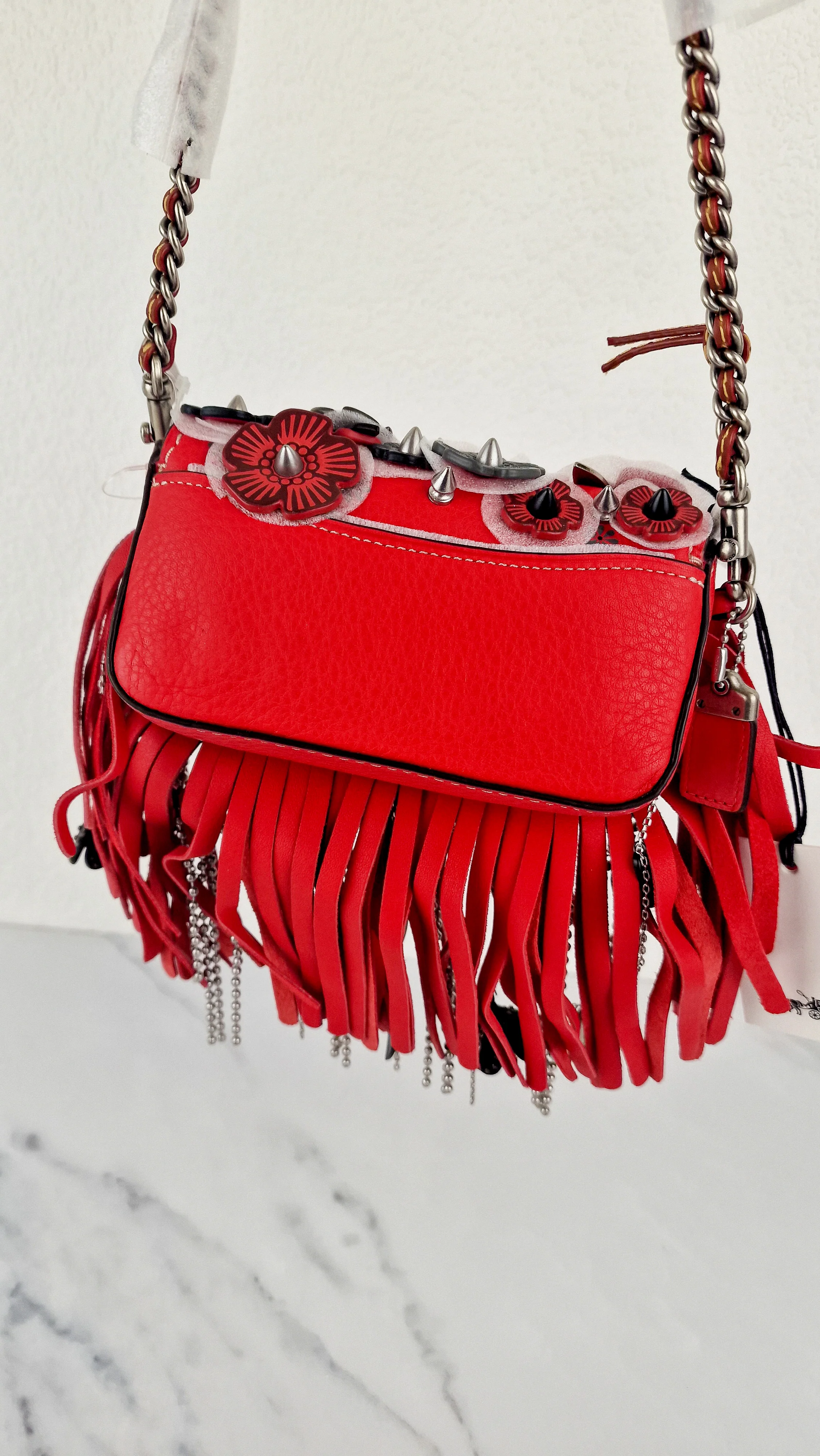 Coach 1941 Dinkier in Vermillion Red with Wild Tea Roses Studs & Fringes - Crossbody Bag Clutch Mini Dinky - Coach 86852 - Image 4