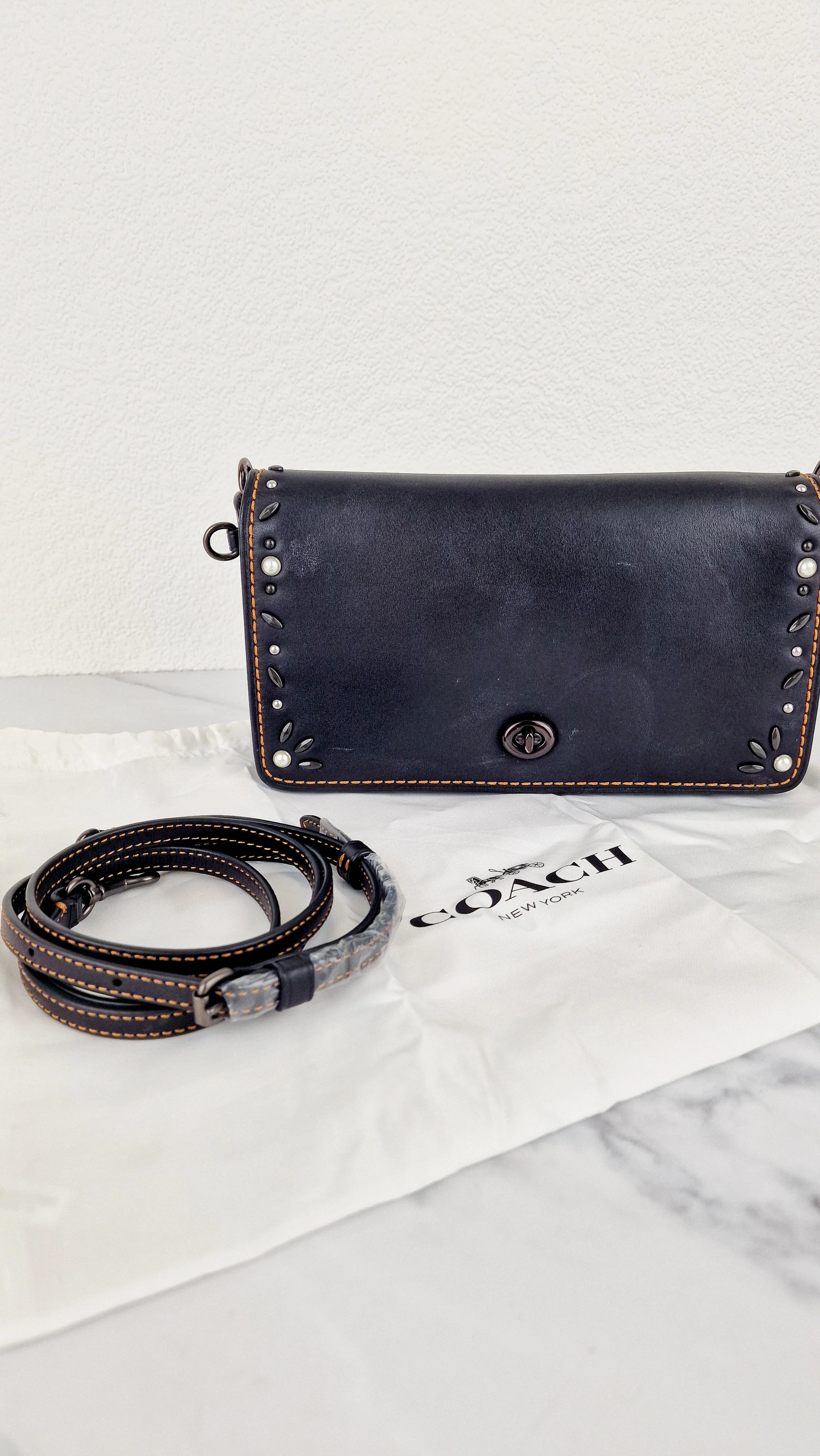 Coach 1941 Dinky Black with Customized Rivets Embellishment - Smooth Leather Crossbody Bag - Coach 37296 - Image 2