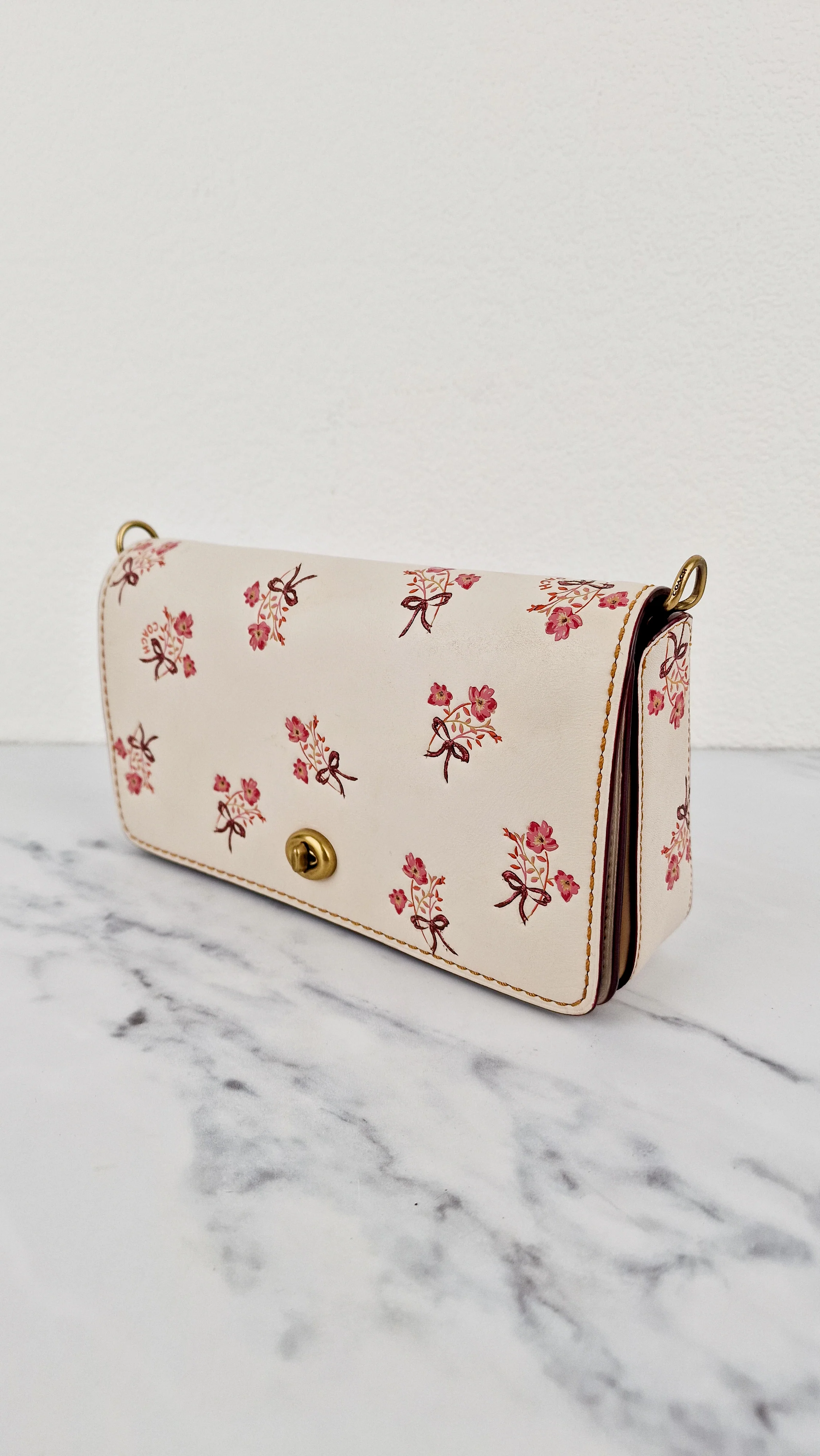 Coach 1941 Dinky Crossbody Bag in Chalk Smooth Leather With Floral Bow Pink Flowers - Coach 28433 - Image 2