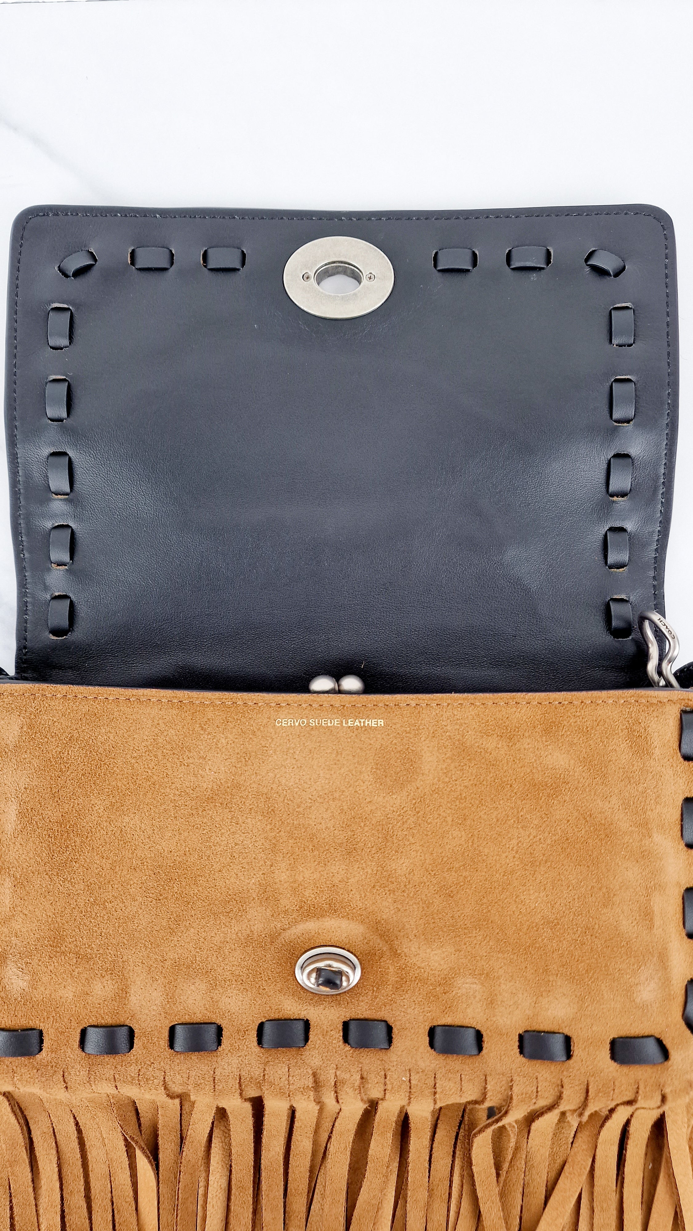 Coach 1941 Dinky in Light Saddle Tan Brown Cervo Suede with Fringe & Light Antique Nickel Concho Turnlock - Crossbody Bag Shoulder Bag - Coach 86821 - Image 12