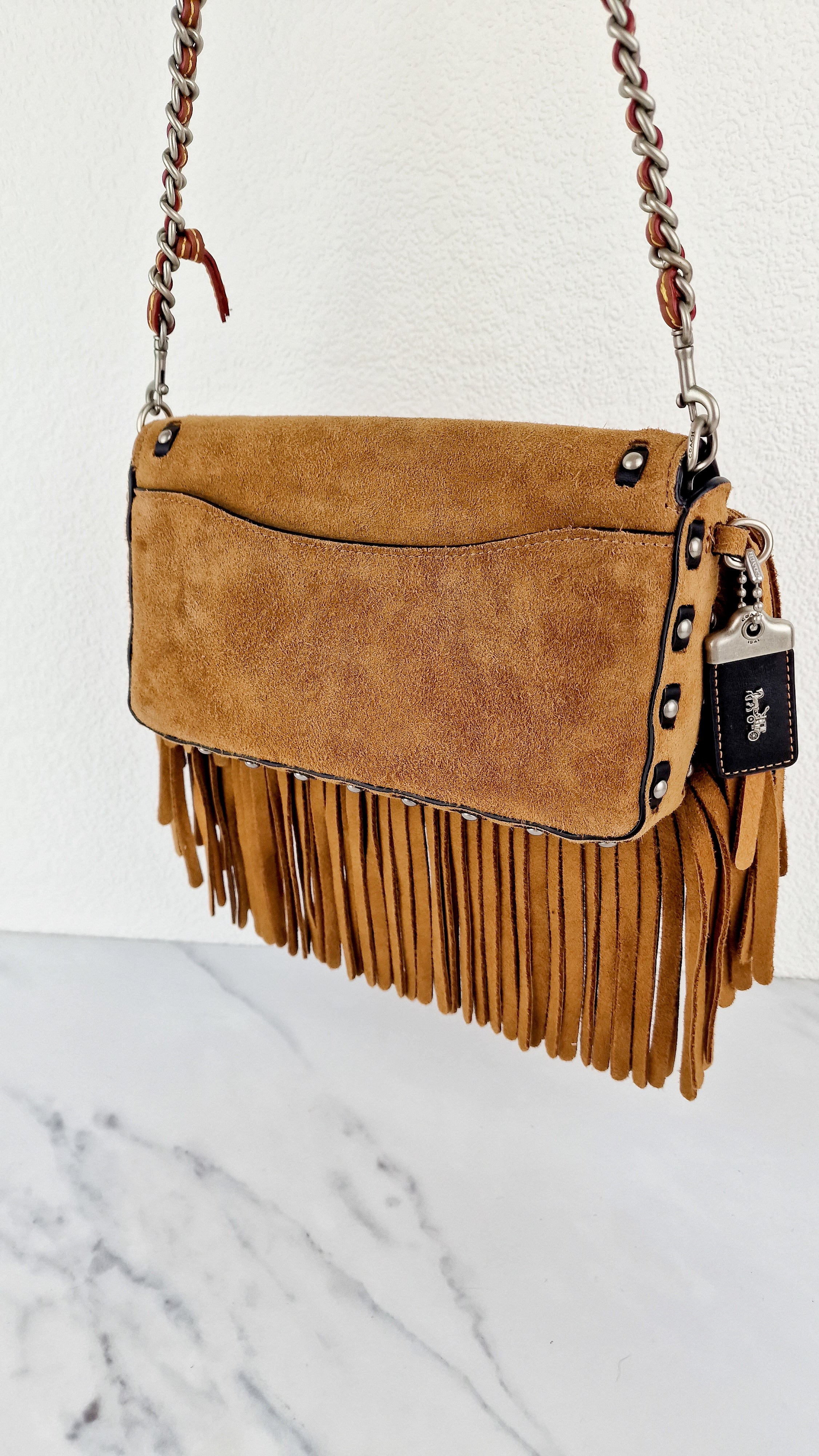 Coach 1941 Dinky in Light Saddle Tan Brown Cervo Suede with Fringe & Light Antique Nickel Concho Turnlock - Crossbody Bag Shoulder Bag - Coach 86821 - Image 17