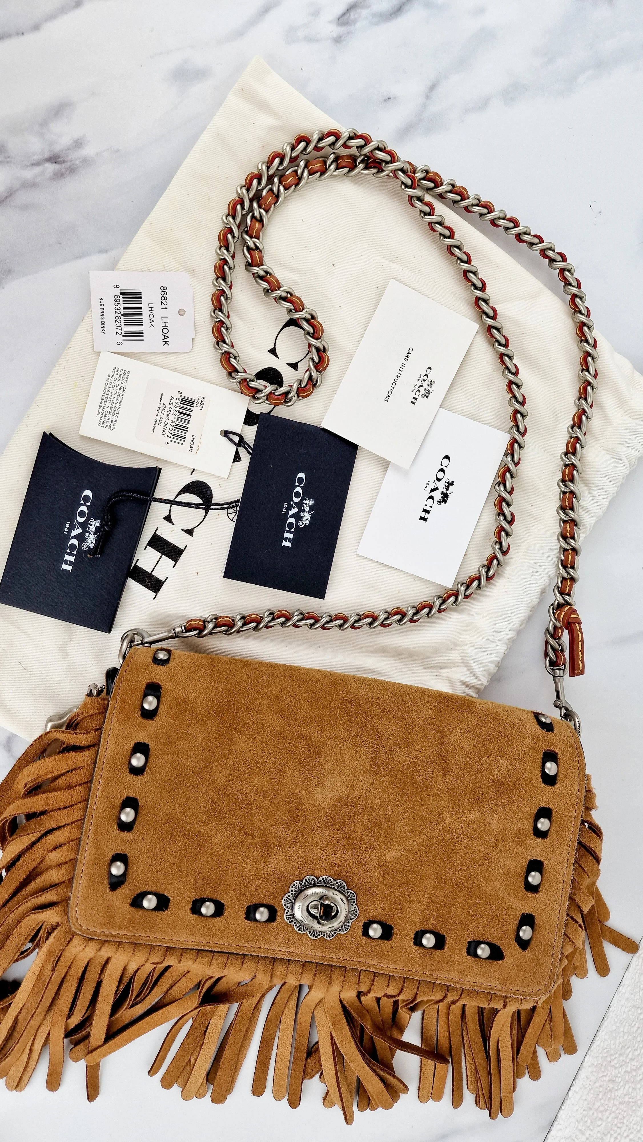 Coach 1941 Dinky in Light Saddle Tan Brown Cervo Suede with Fringe & Light Antique Nickel Concho Turnlock - Crossbody Bag Shoulder Bag - Coach 86821 - Image 19