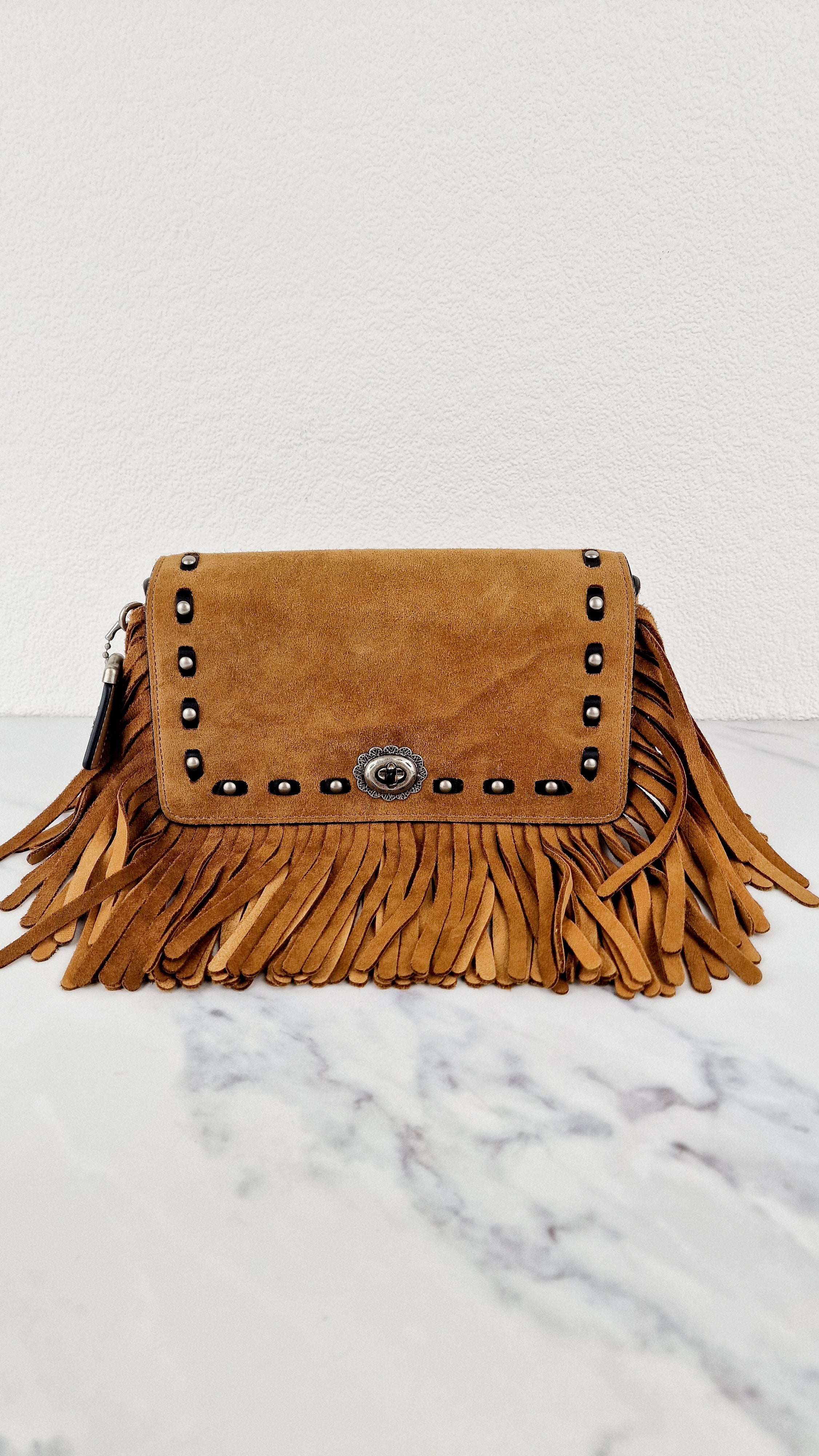 Coach 1941 Dinky in Light Saddle Tan Brown Cervo Suede with Fringe & Light Antique Nickel Concho Turnlock - Crossbody Bag Shoulder Bag - Coach 86821 - Image 2