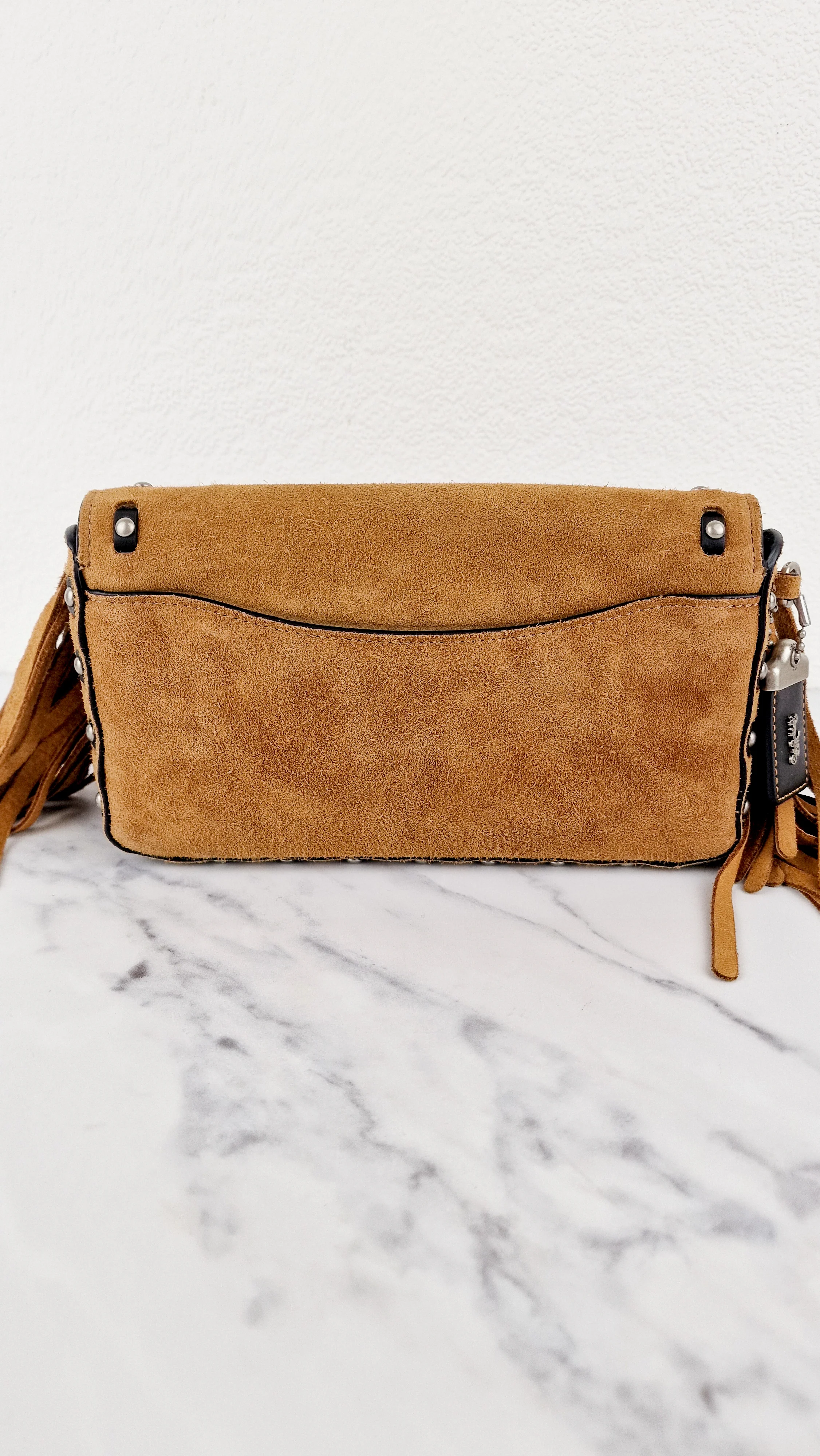 Coach 1941 Dinky in Light Saddle Tan Brown Cervo Suede with Fringe & Light Antique Nickel Concho Turnlock - Crossbody Bag Shoulder Bag - Coach 86821 - Image 6