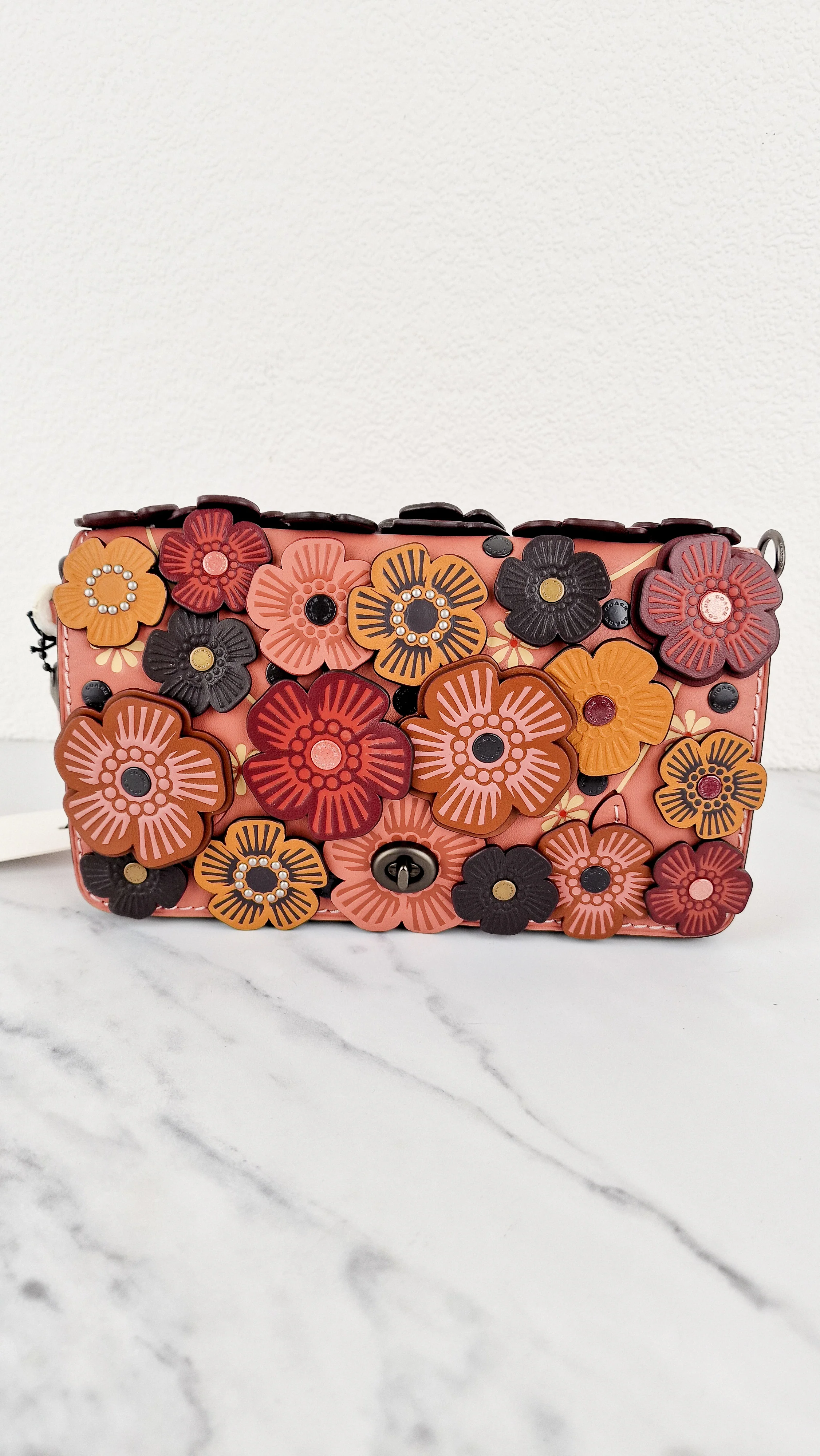 Coach 1941 Dinky With Tea Roses in Melon - Crossbody Shoulder Bag Floral Flowers Tolled Leather Appliqué- Coach 38197