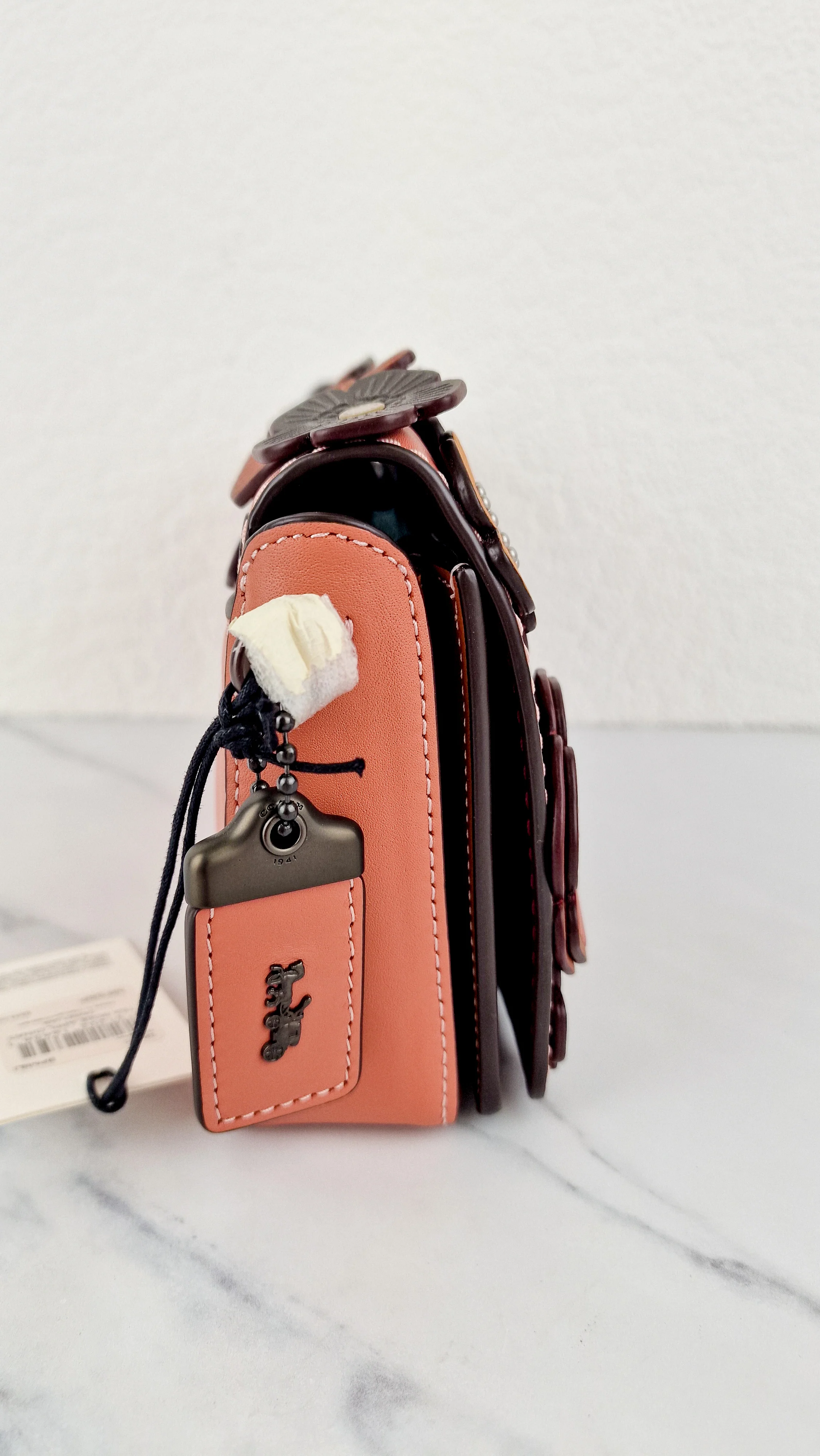 Coach 1941 Dinky With Tea Roses in Melon - Crossbody Shoulder Bag Floral Flowers Tolled Leather Appliqué- Coach 38197 - Image 6