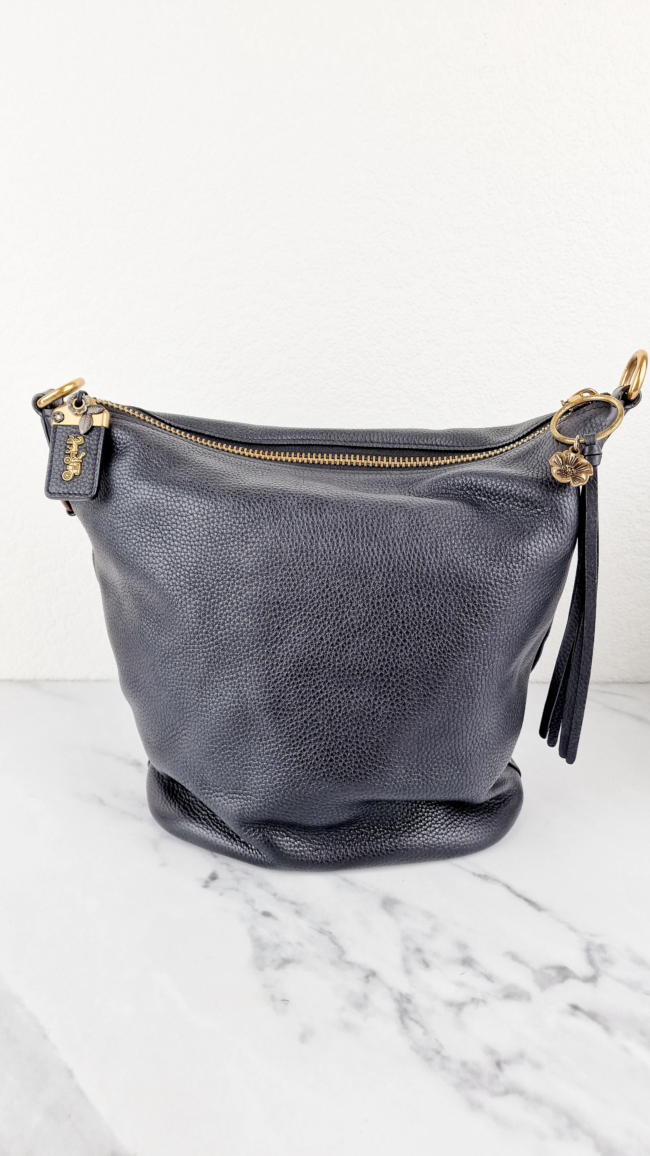 Coach 1941 Duffle Bag with Border Rivets in Black Pebble Leather with Zip Top Tea Rose - Crossbody bag