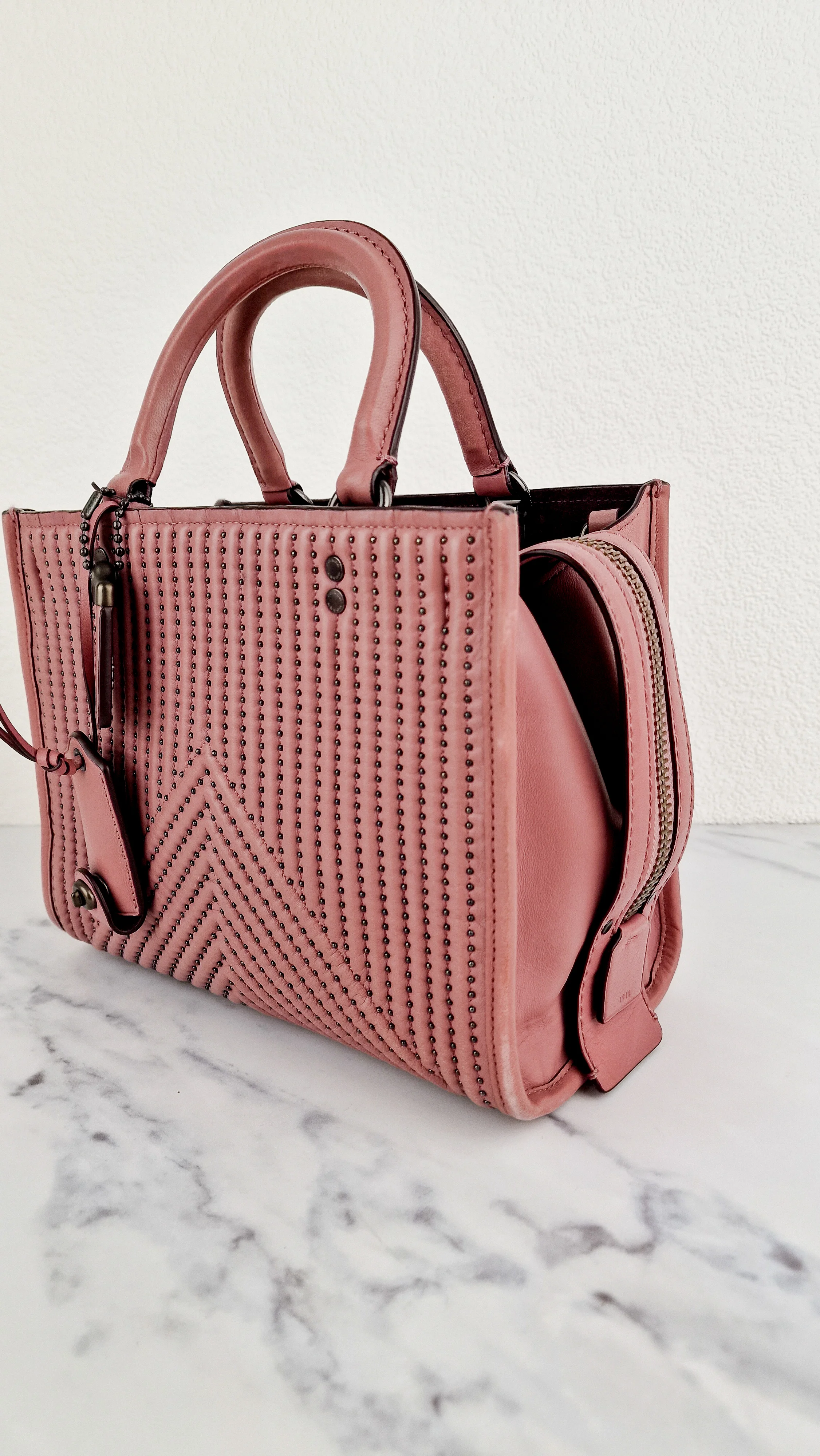 Coach 1941 Rogue 25 in Dusty Rose Pink Quilted Studded Chevron Smooth Nappa Leather - Shoulder Bag Handbag - Coach 22797 - Image 6