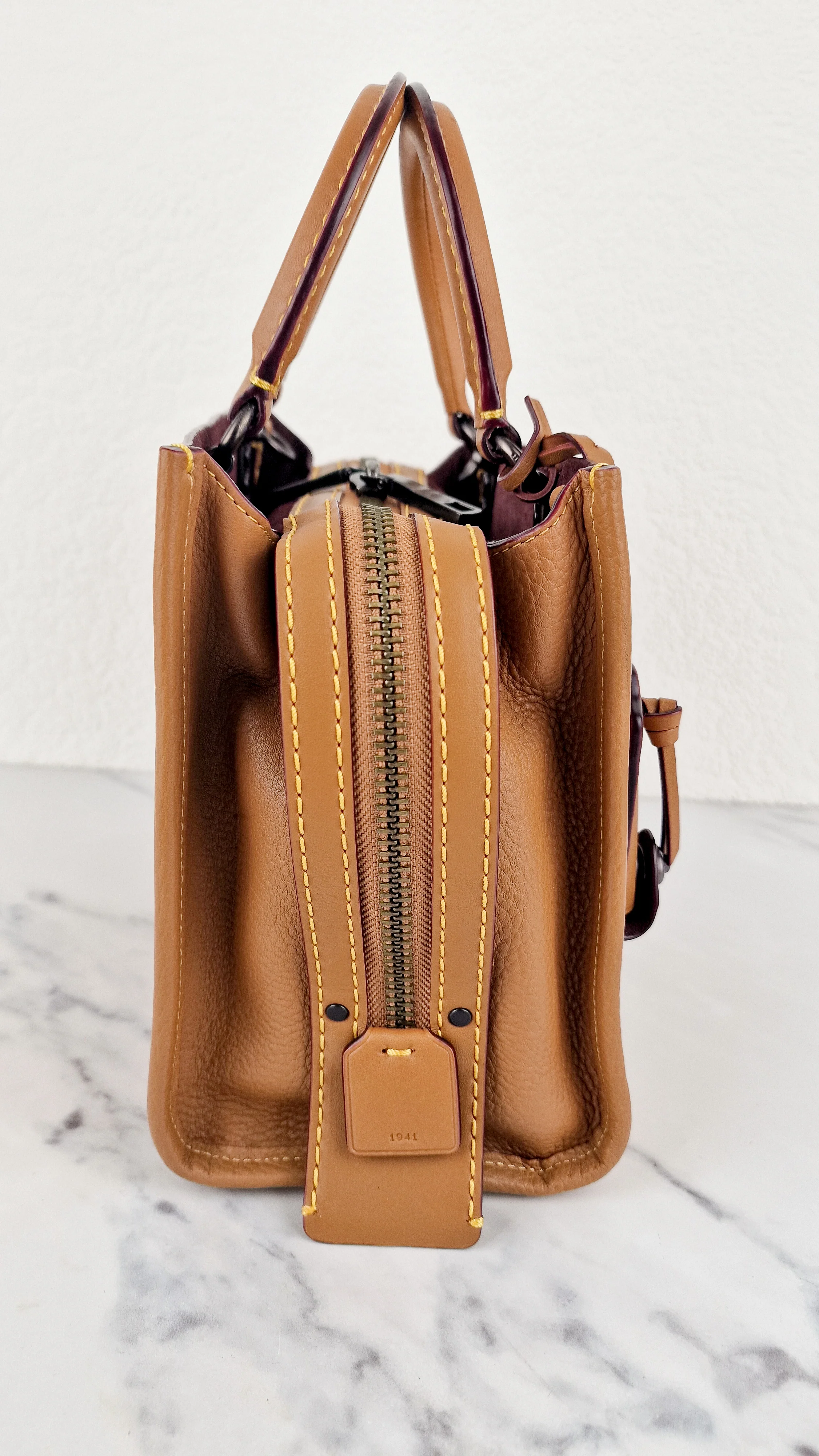 Coach 1941 Rogue 25 Light Saddle Brown Leather & Burgundy Suede Handbag - Coach 54536 - Image 6