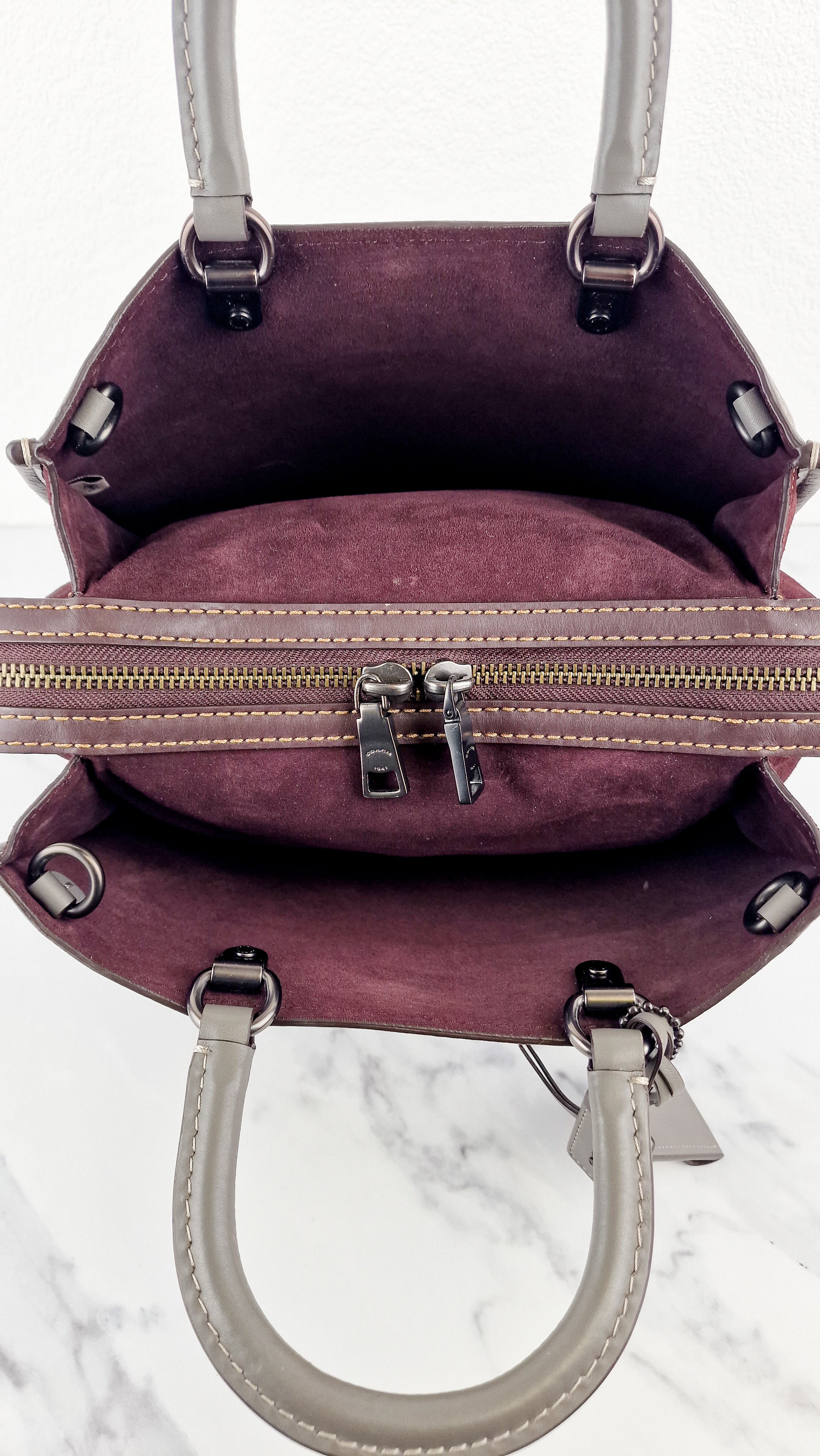 Coach 1941 Rogue 31 in Heather Grey Pebbled Leather with Oxblood Suede Sides Colorblock Satchel Handbag - Coach 23755 - Image 12