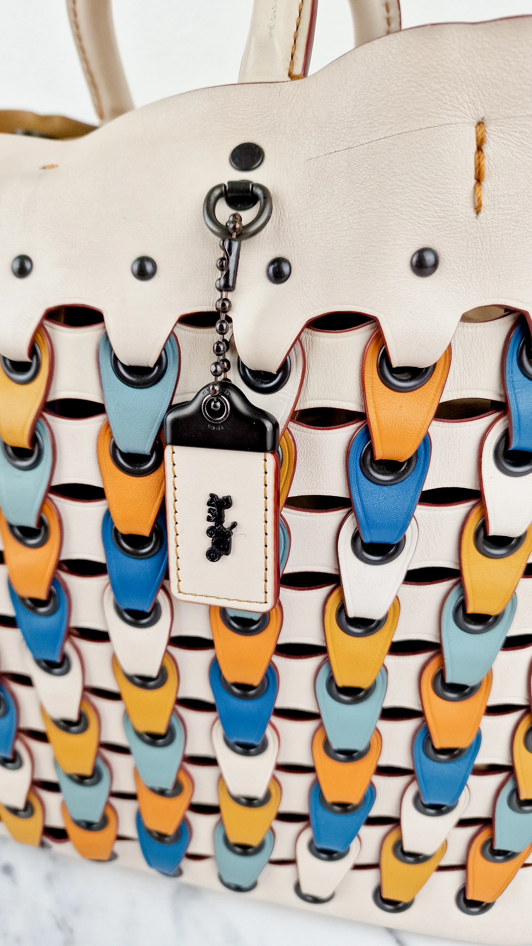 Coach 1941 Rogue Tote Bag With Links in Chalk Smooth Leather Blue, Yellow Colorblock Handbag Coach 10496 - Image 3