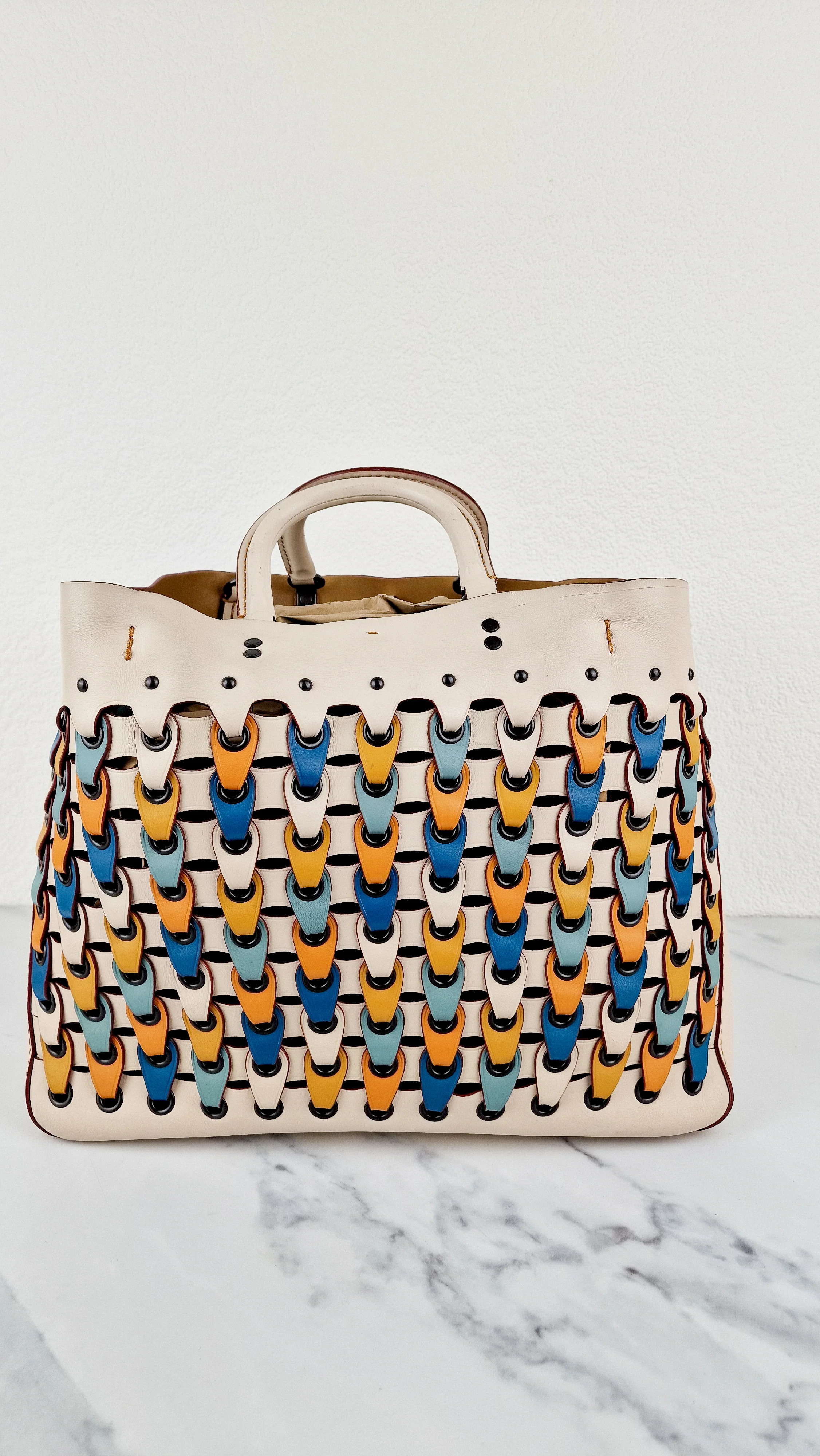 Coach 1941 Rogue Tote Bag With Links in Chalk Smooth Leather Blue, Yellow Colorblock Handbag Coach 10496 - Image 6