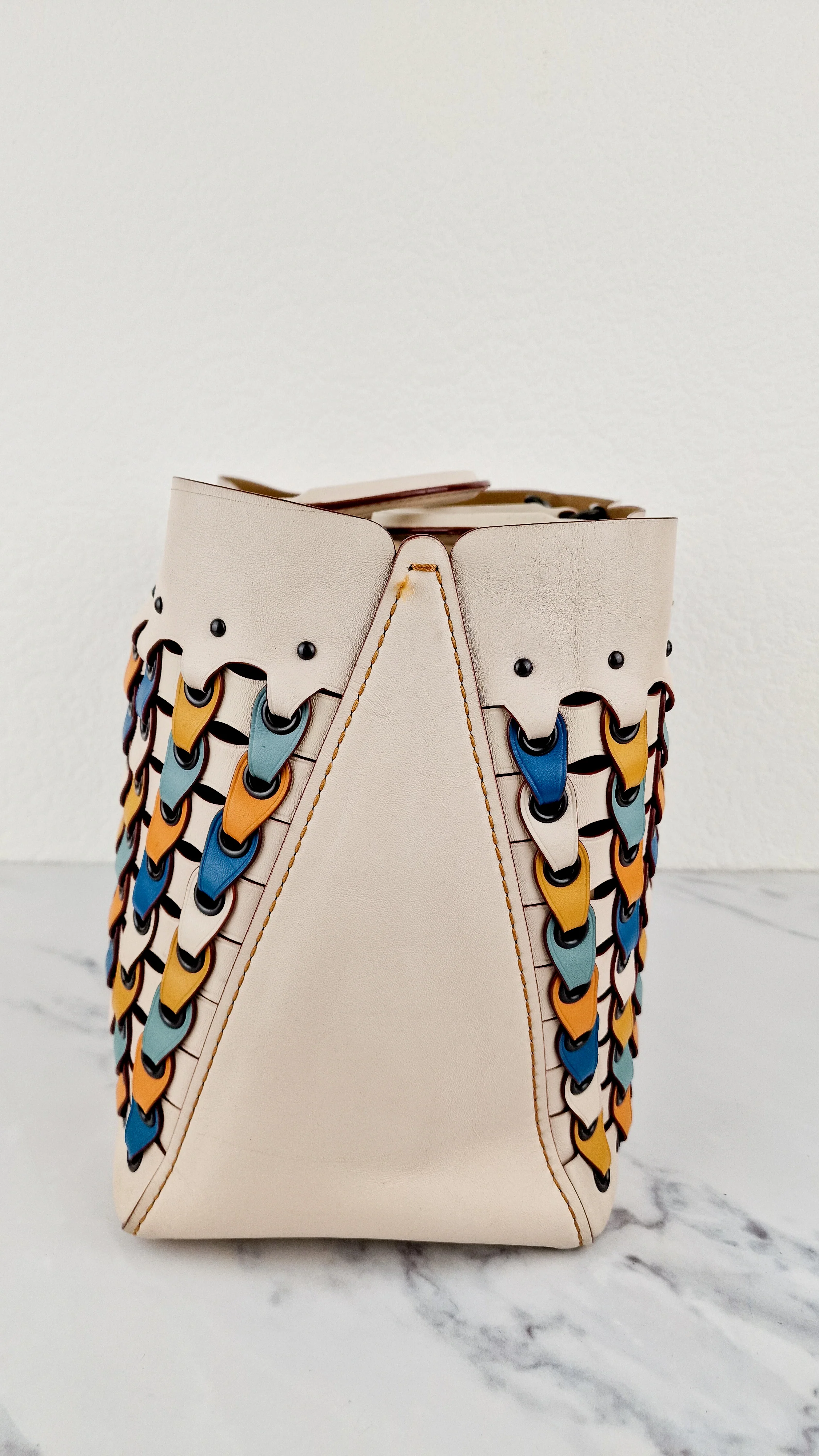 Coach 1941 Rogue Tote Bag With Links in Chalk Smooth Leather Blue, Yellow Colorblock Handbag Coach 10496 - Image 7