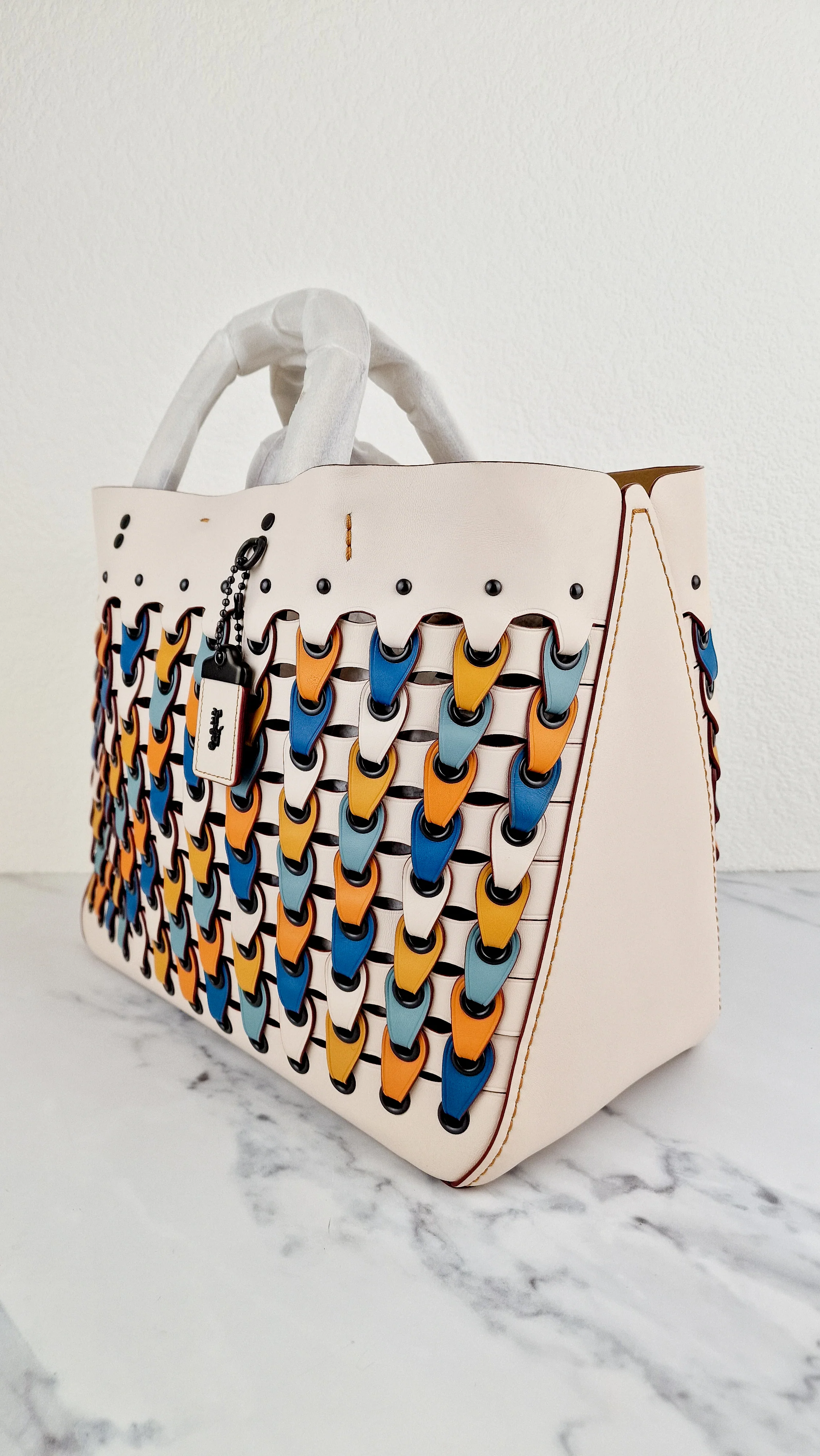 Coach 1941 Rogue Tote Bag With Links in Chalk Smooth Leather Blue, Yellow Colorblock Handbag - Coach 10496 - Image 5