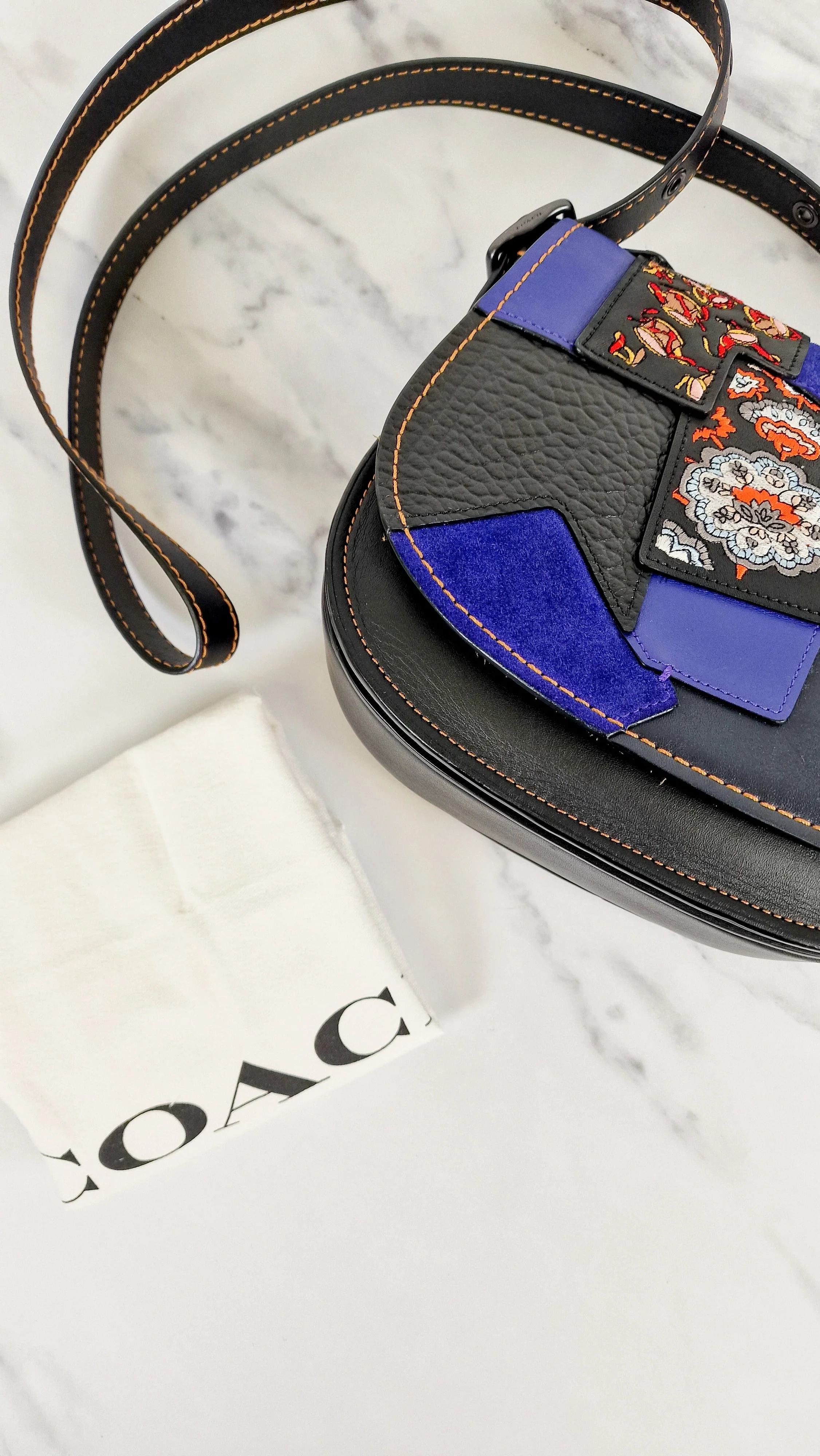 Coach 1941 Saddle 23 Bag in Black Smooth Leather with Patchwork Detail - Purple Orange Crossbody Shoulder Bag Coach 56639 - Image 13