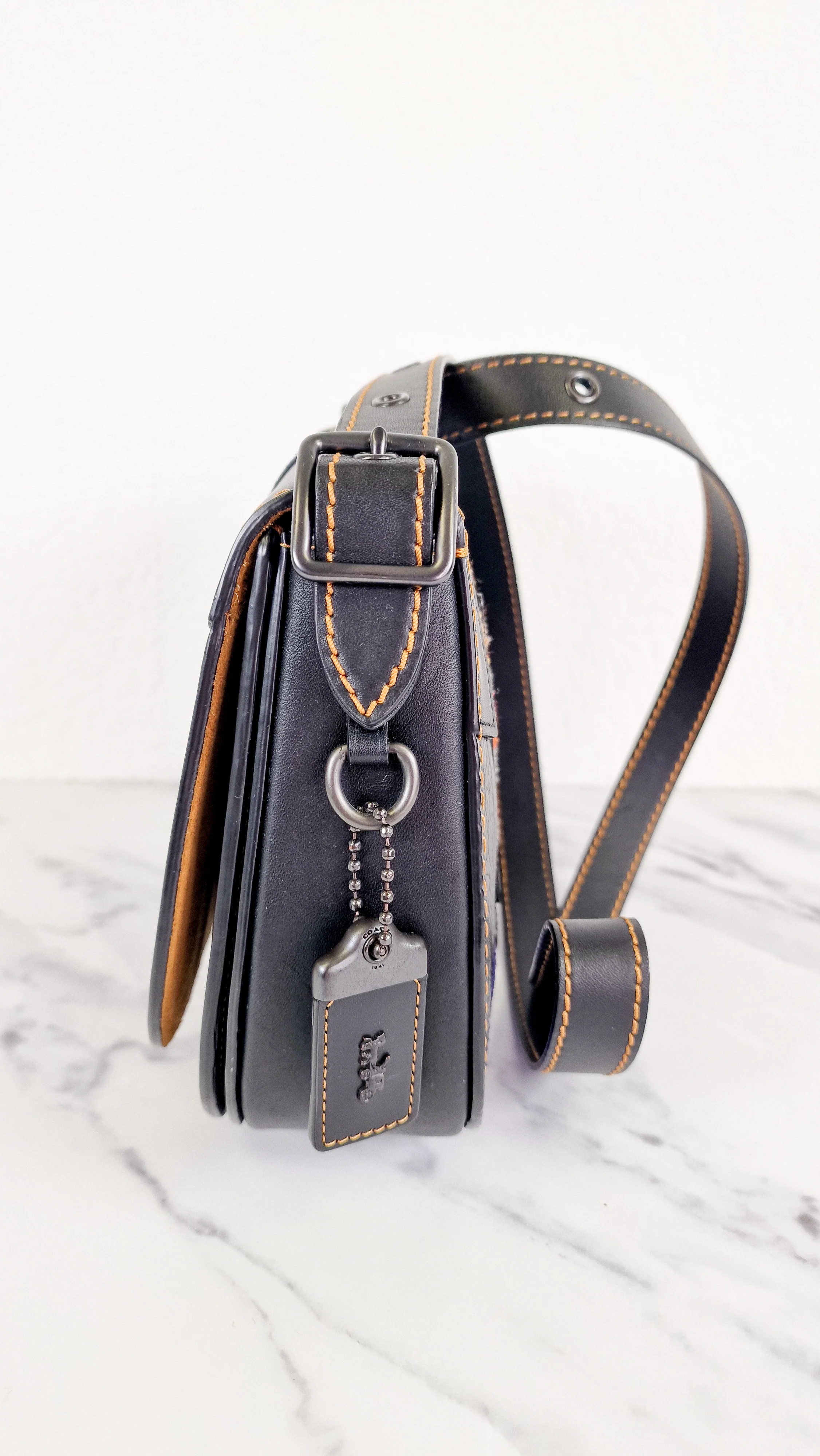 Coach 1941 Saddle 23 Bag in Black Smooth Leather with Patchwork Detail - Purple Orange Crossbody Shoulder Bag Coach 56639 - Image 3
