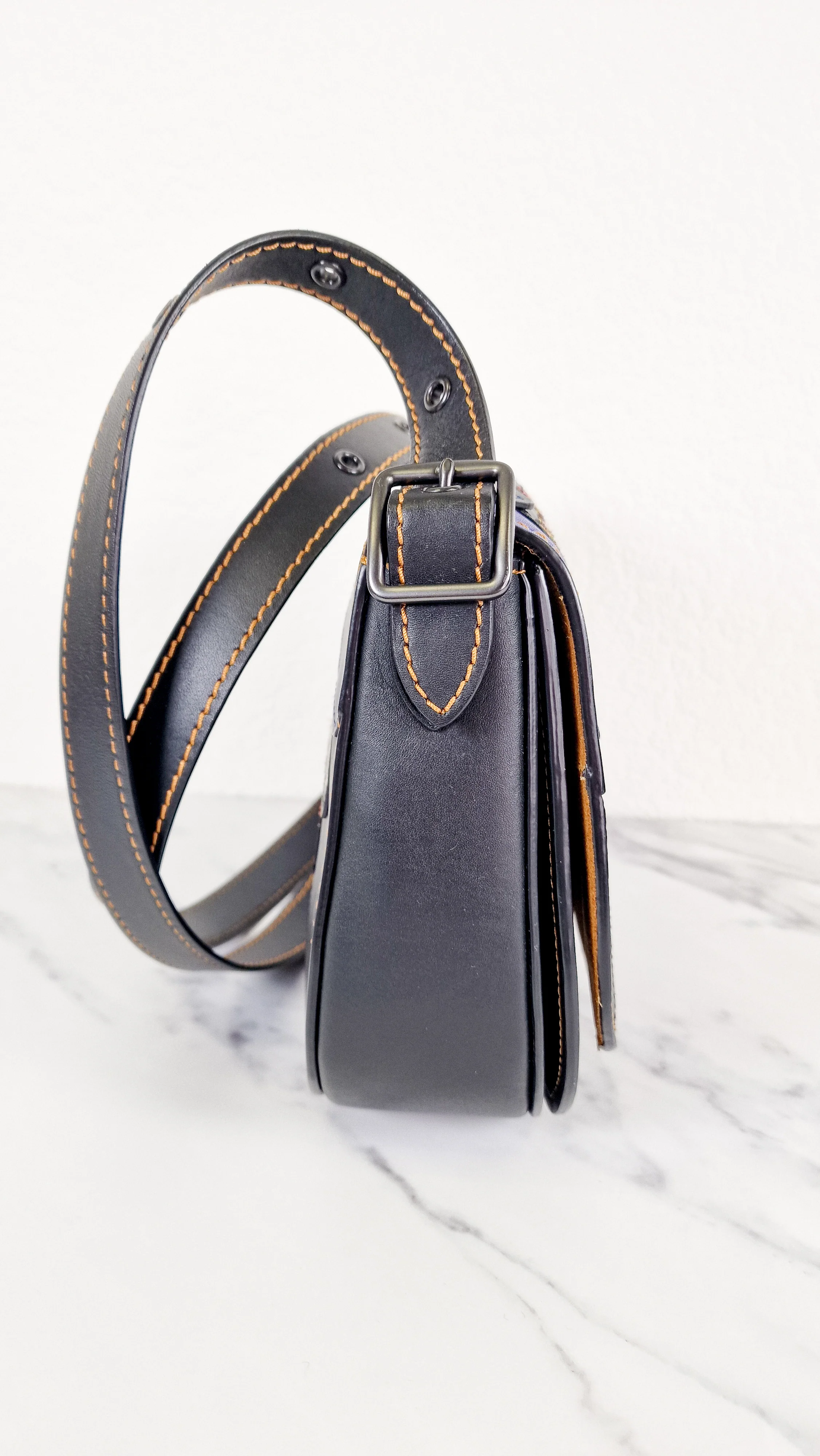 Coach 1941 Saddle 23 Bag in Black Smooth Leather with Patchwork Detail - Purple Orange Crossbody Shoulder Bag Coach 56639 - Image 5