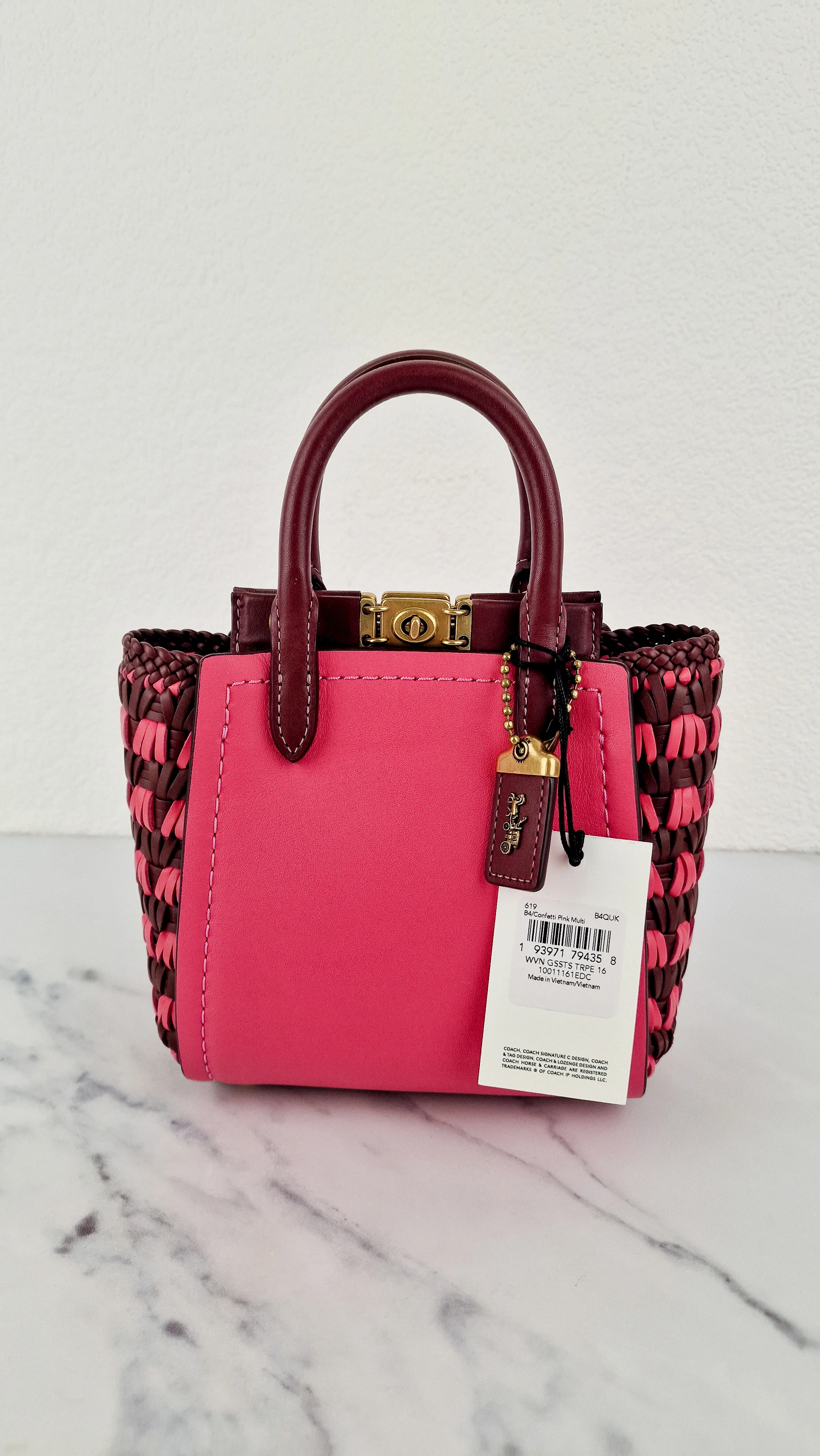 Coach 1941 Troupe Tote 16 in Confetti Pink with Weaving Upwoven sides Smooth Leather - Crossbody Mini Bag Handbag - Coach 619
